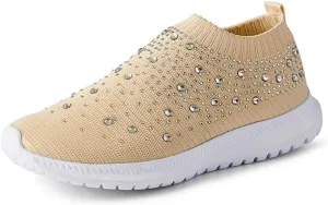 HINDOLA Women's Mesh Walking Shoes Rhinestone Glitter Slip On Ballroom Jazz Latin Dance Sock Sneakers Casual Shoes