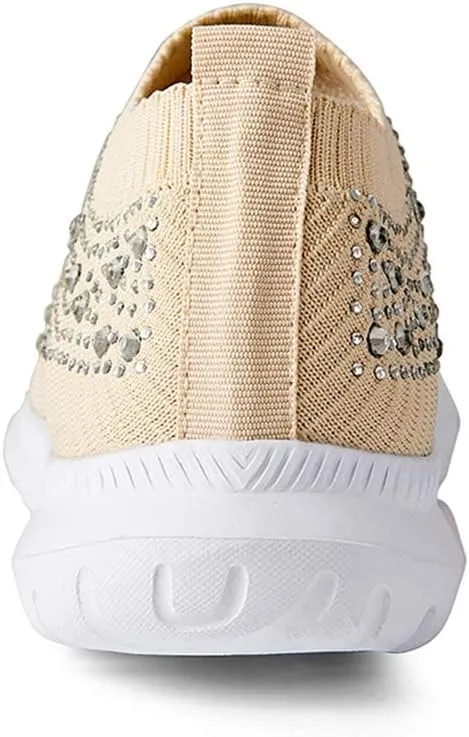 HINDOLA Women's Mesh Walking Shoes Rhinestone Glitter Slip On Ballroom Jazz Latin Dance Sock Sneakers Casual Shoes