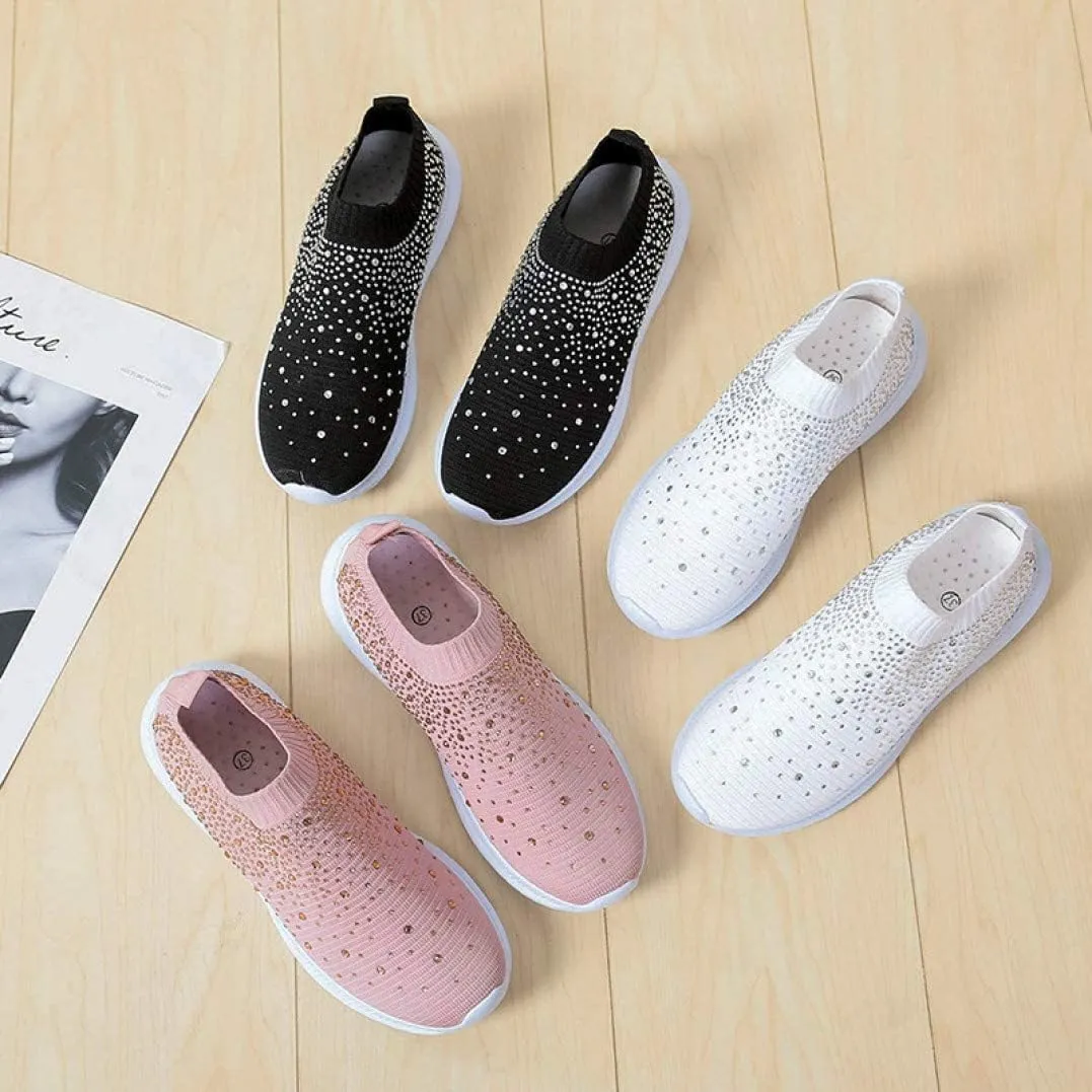 HINDOLA Women's Mesh Walking Shoes Rhinestone Glitter Slip On Ballroom Jazz Latin Dance Sock Sneakers Casual Shoes