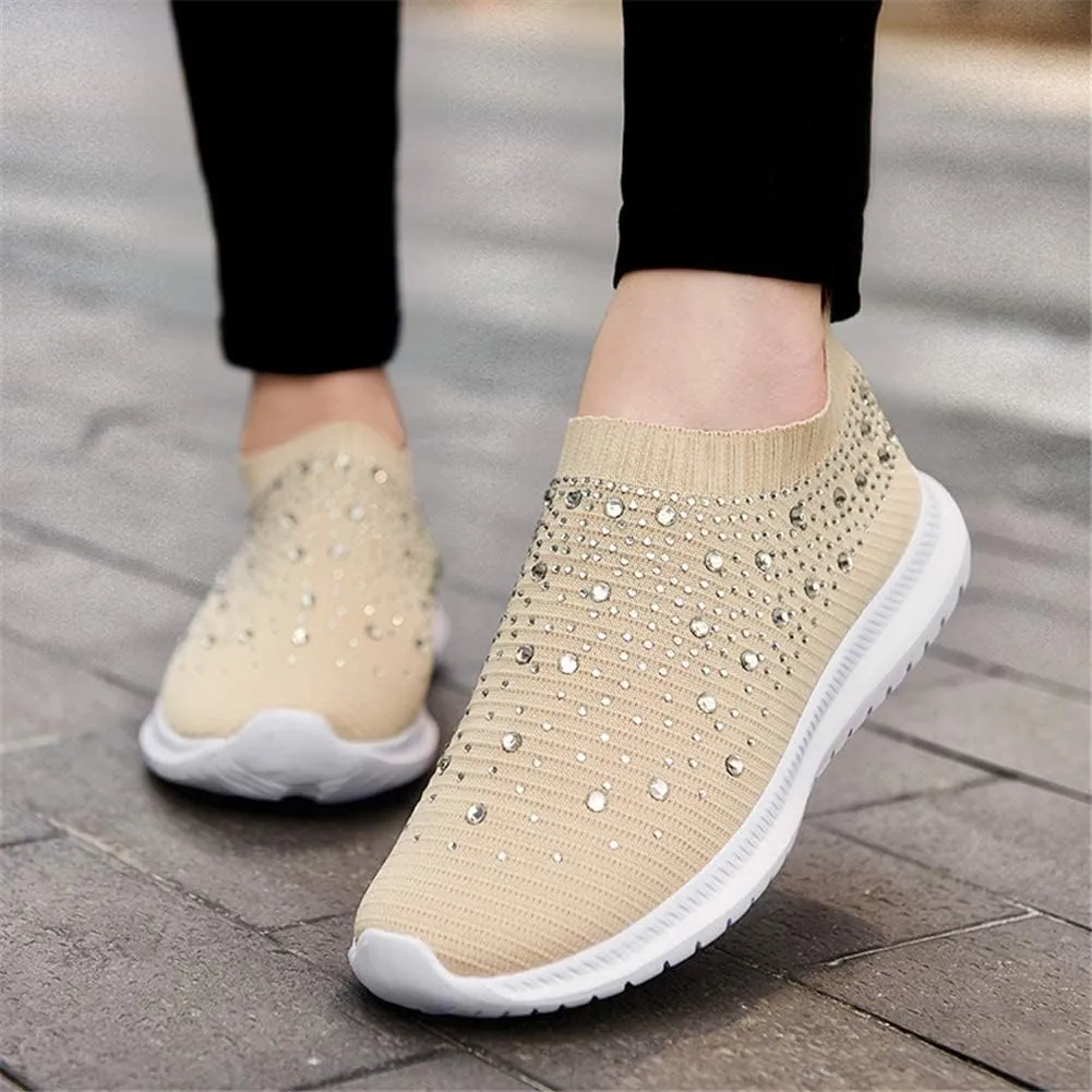 HINDOLA Women's Mesh Walking Shoes Rhinestone Glitter Slip On Ballroom Jazz Latin Dance Sock Sneakers Casual Shoes