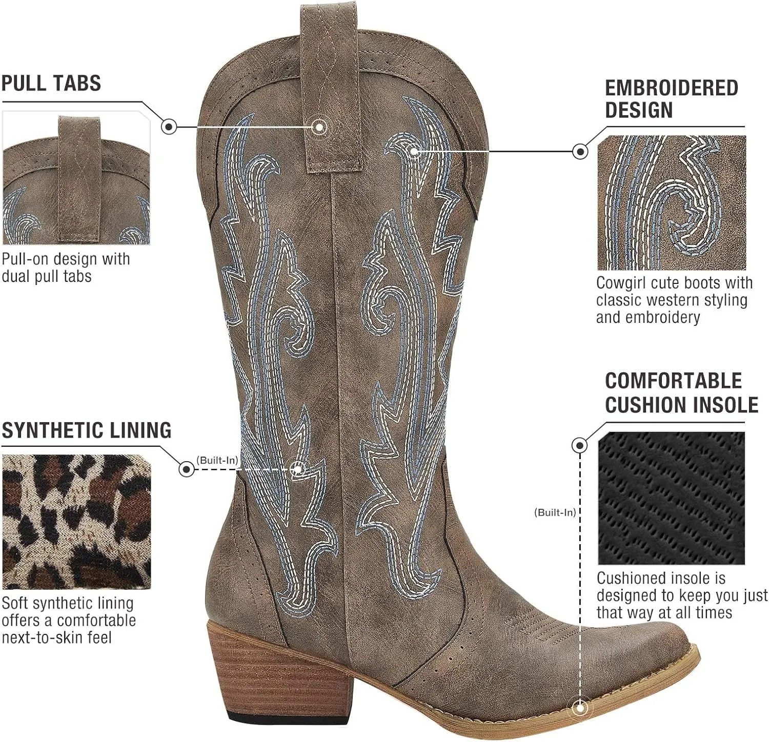 HISEA Rollda Cowboy Boots for Women Cowgirl Boots Ladies Western Embroidery Pointy Toe
