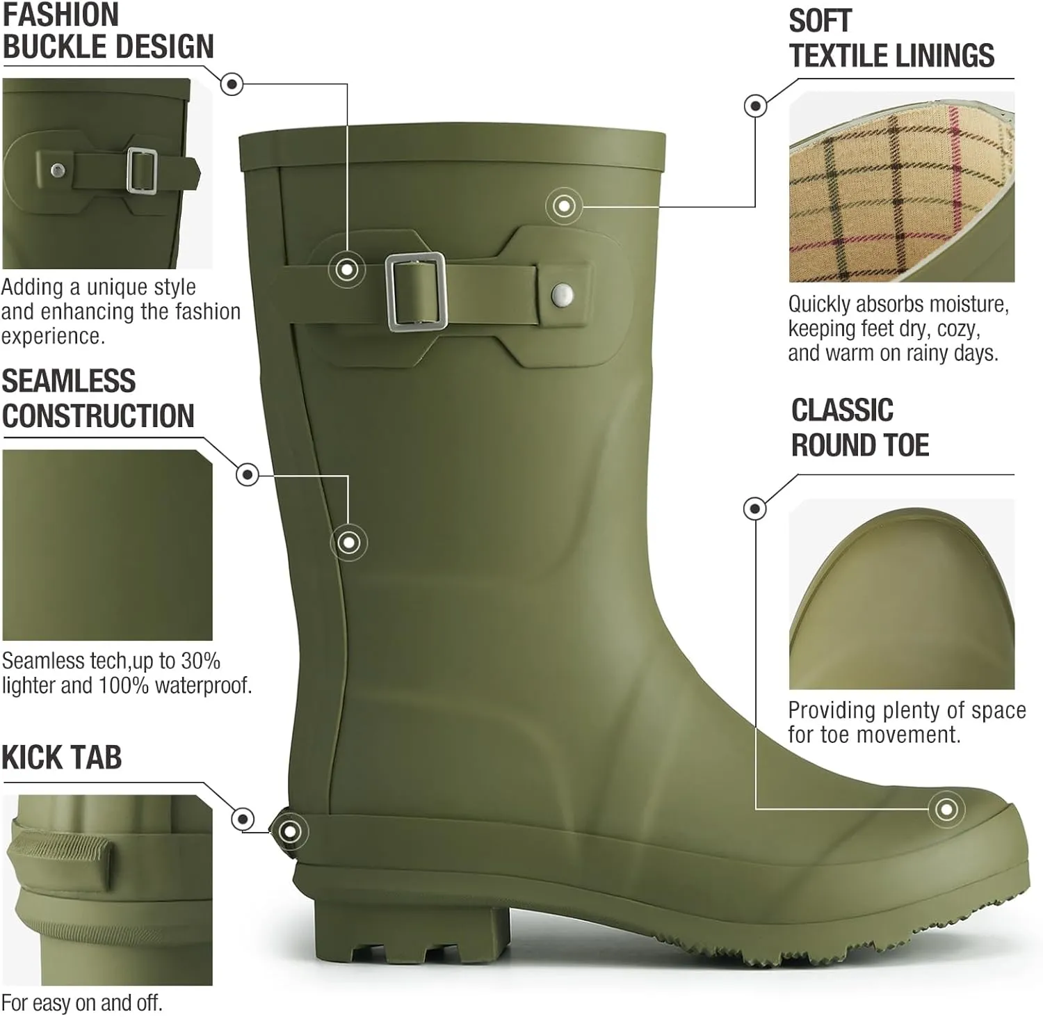 HISEA Women's Mid Calf Rubber Rain Boots Waterproof Wellington Garden Boots