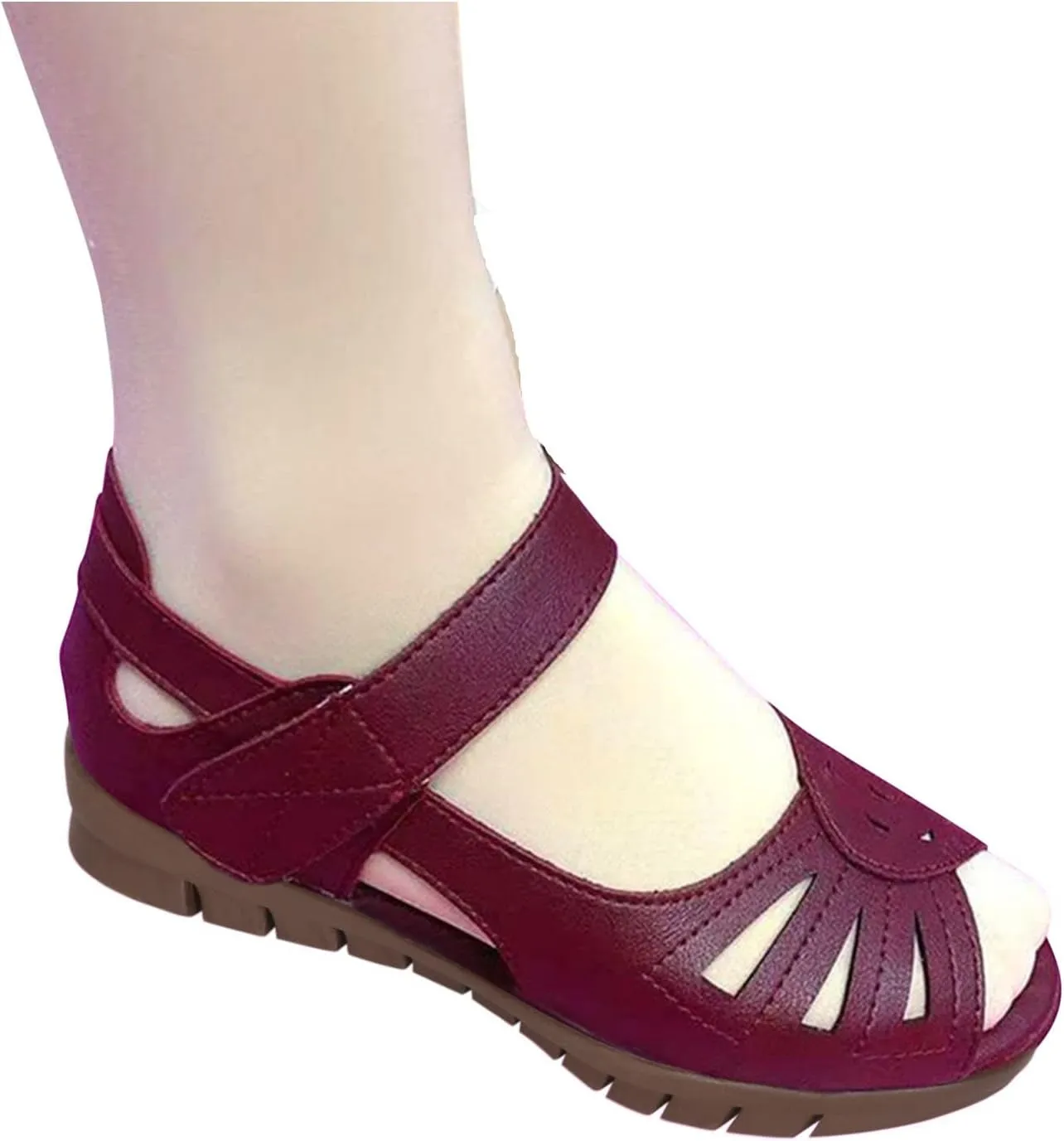 hlysgo Anti-slip Vintage Soft Mom Shoes, Hook-and-loop Wide Width Comfortable Open Toe Casual Loafers Slides