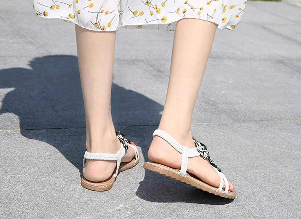 HNGHOU Women's Summer Sandals Casual Comfortable Bohemia Beach Flat Sandals Open Toe Ankle Crystal Gladiator Shoes