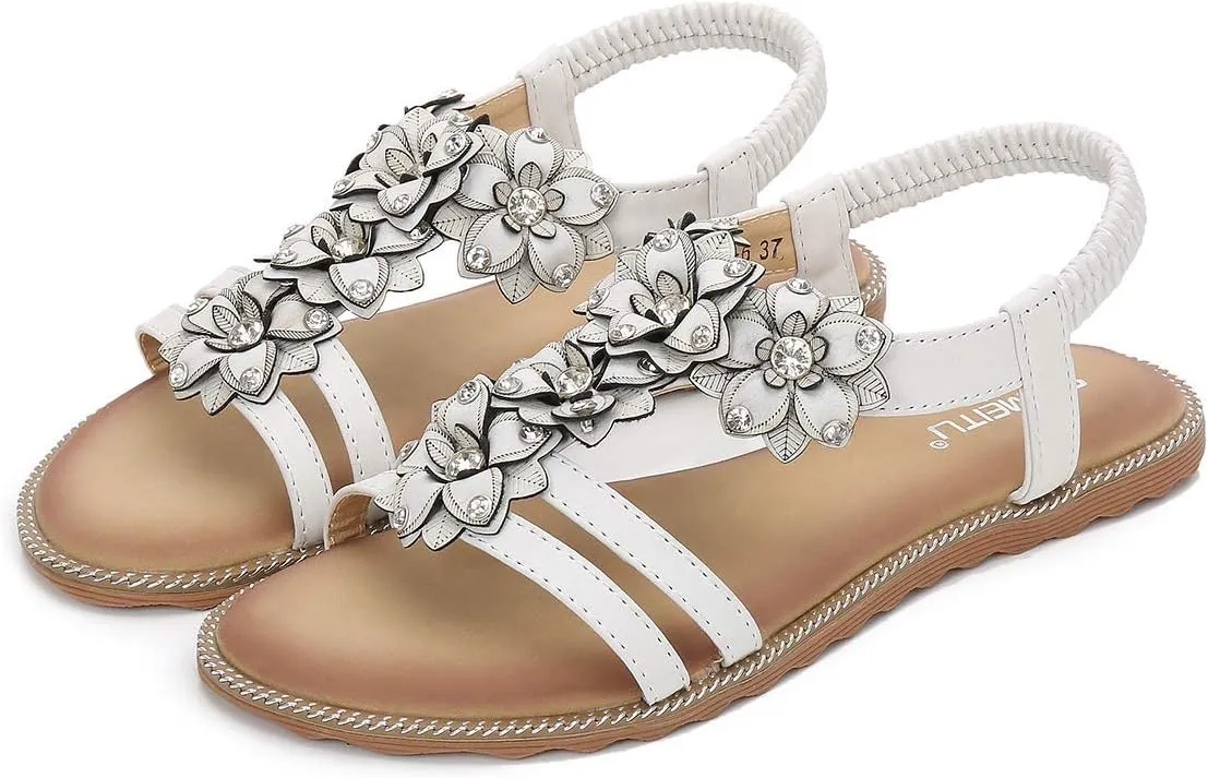HNGHOU Women's Summer Sandals Casual Comfortable Bohemia Beach Flat Sandals Open Toe Ankle Crystal Gladiator Shoes