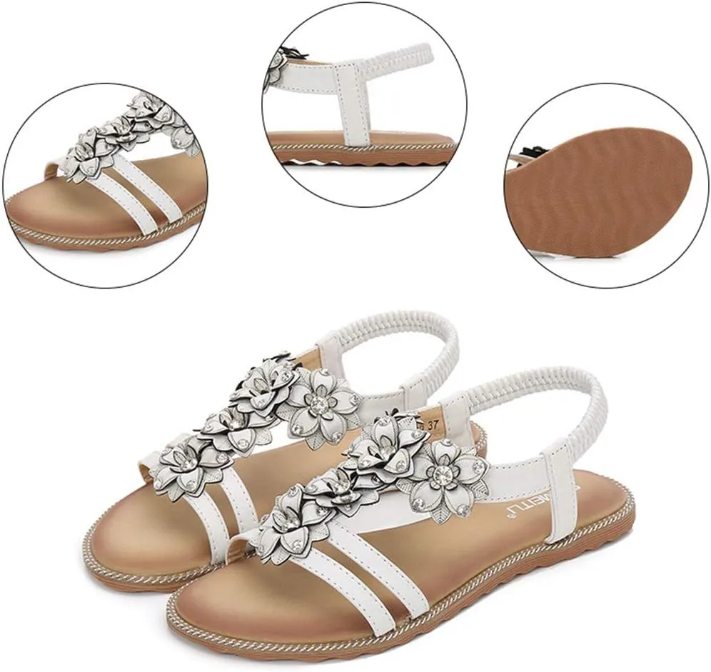 HNGHOU Women's Summer Sandals Casual Comfortable Bohemia Beach Flat Sandals Open Toe Ankle Crystal Gladiator Shoes