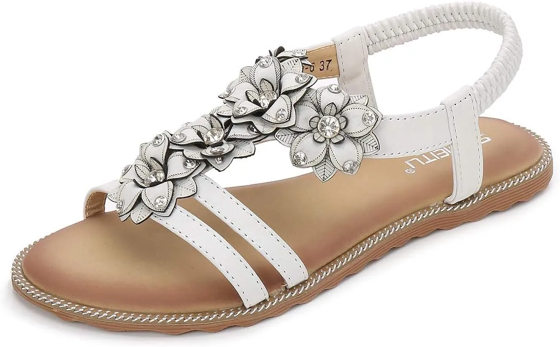 HNGHOU Women's Summer Sandals Casual Comfortable Bohemia Beach Flat Sandals Open Toe Ankle Crystal Gladiator Shoes