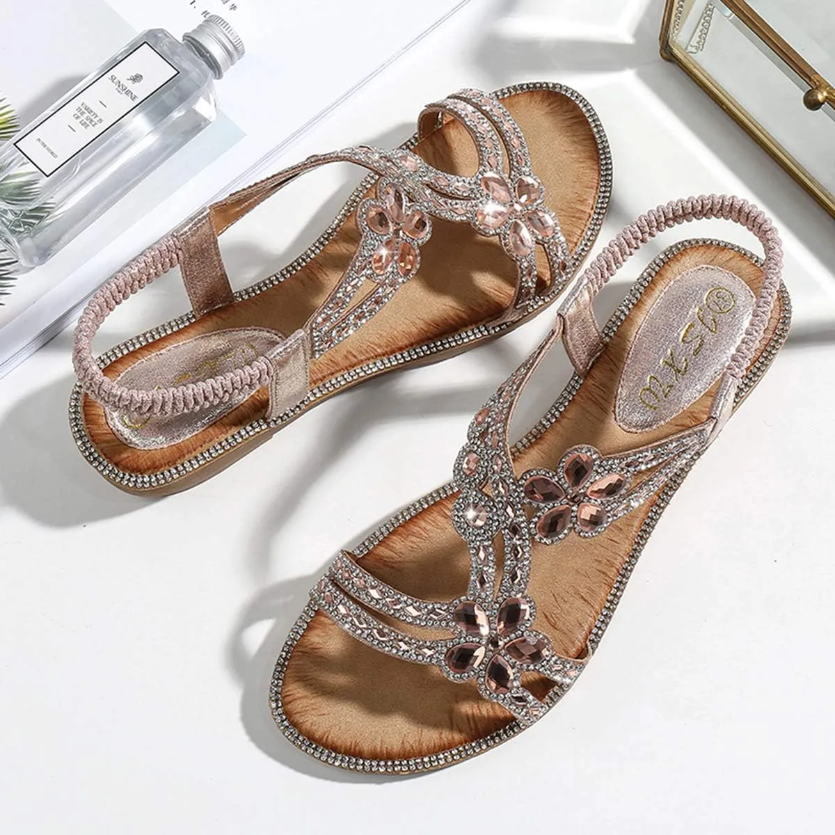 HNGHOU Womens Summer Sandals Comfort Flats Shoes Casual Open Toe Ankle Crystal Bohemia Beach sandals