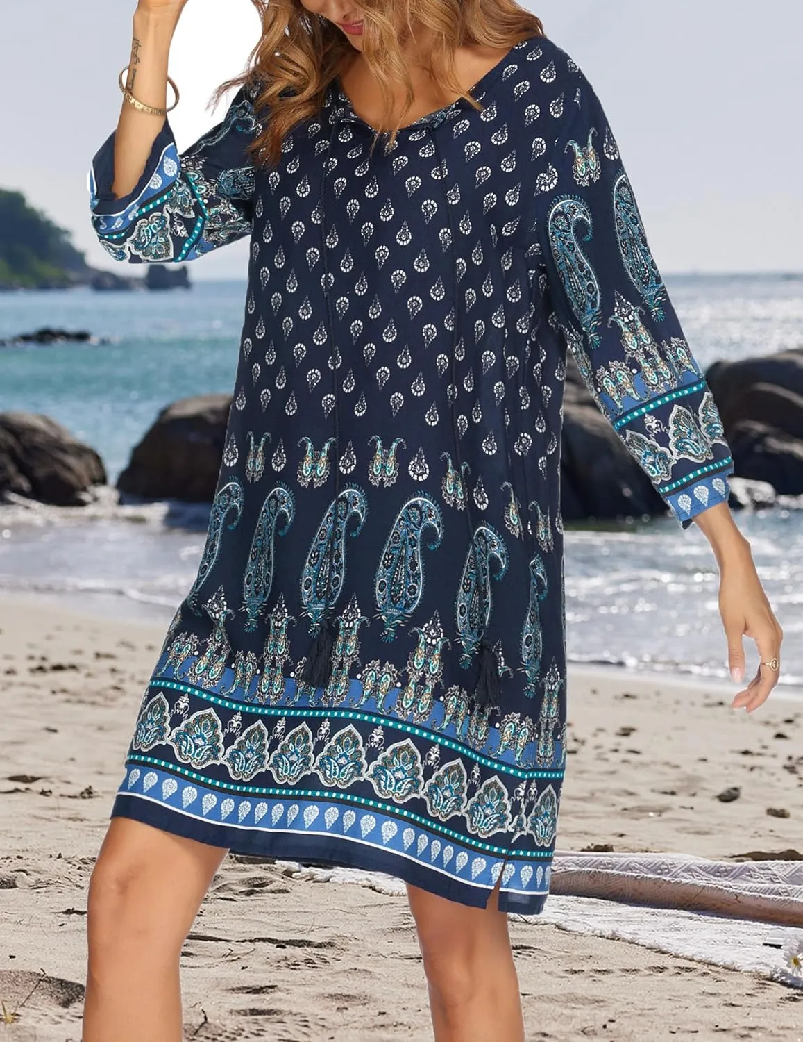 HOTOUCH Women Casual Beach Summer Dress Boho Tassel Tie Neck 3/4 Long Sleeve Short Floral Print Flowy Cover Up Sundresses