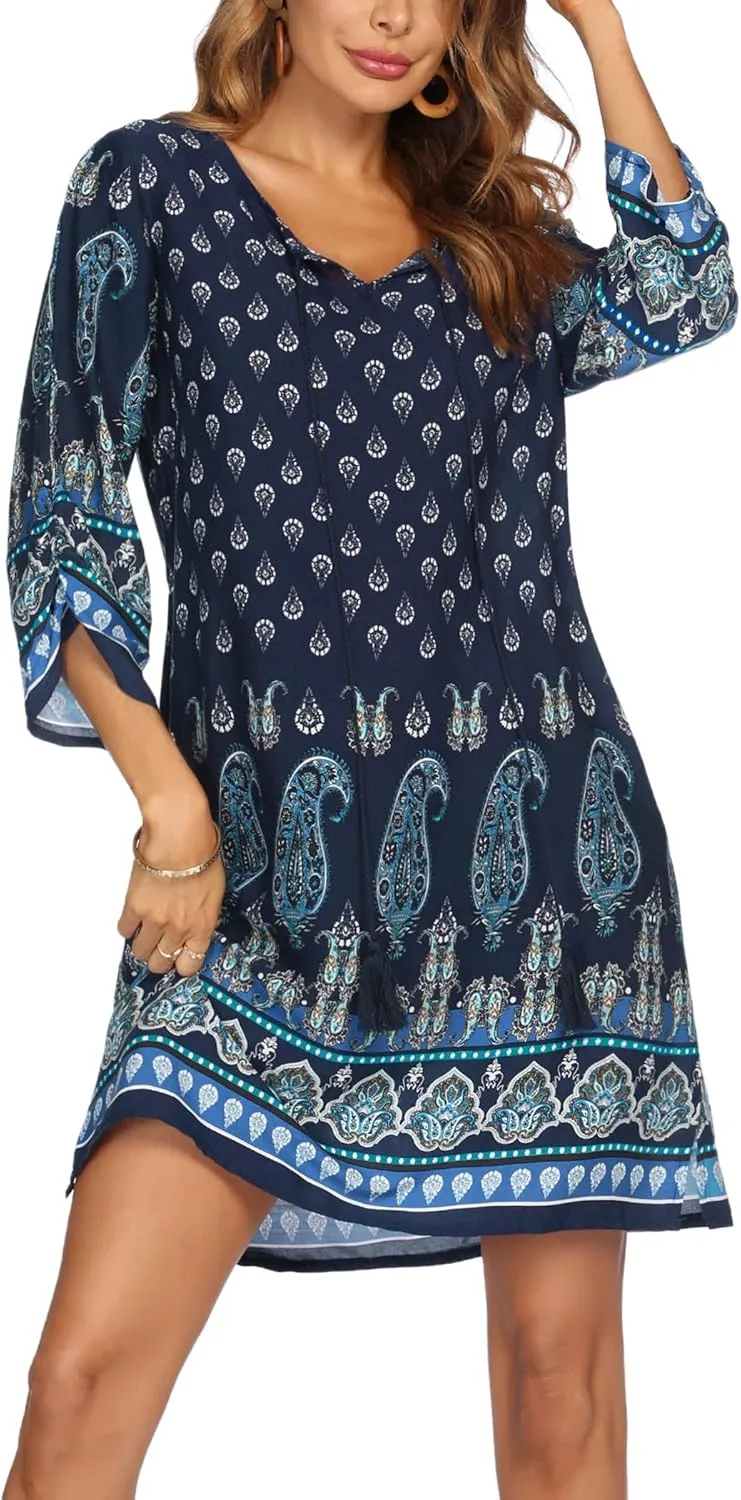 HOTOUCH Women Casual Beach Summer Dress Boho Tassel Tie Neck 3/4 Long Sleeve Short Floral Print Flowy Cover Up Sundresses