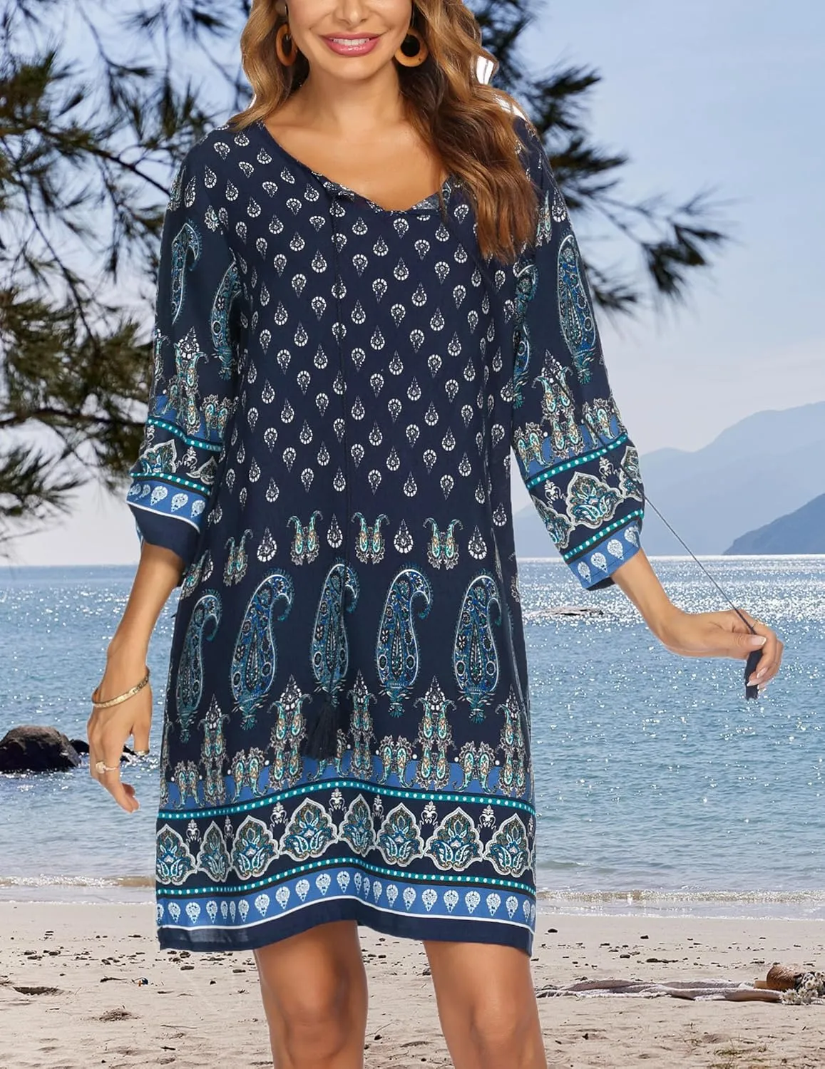 HOTOUCH Women Casual Beach Summer Dress Boho Tassel Tie Neck 3/4 Long Sleeve Short Floral Print Flowy Cover Up Sundresses