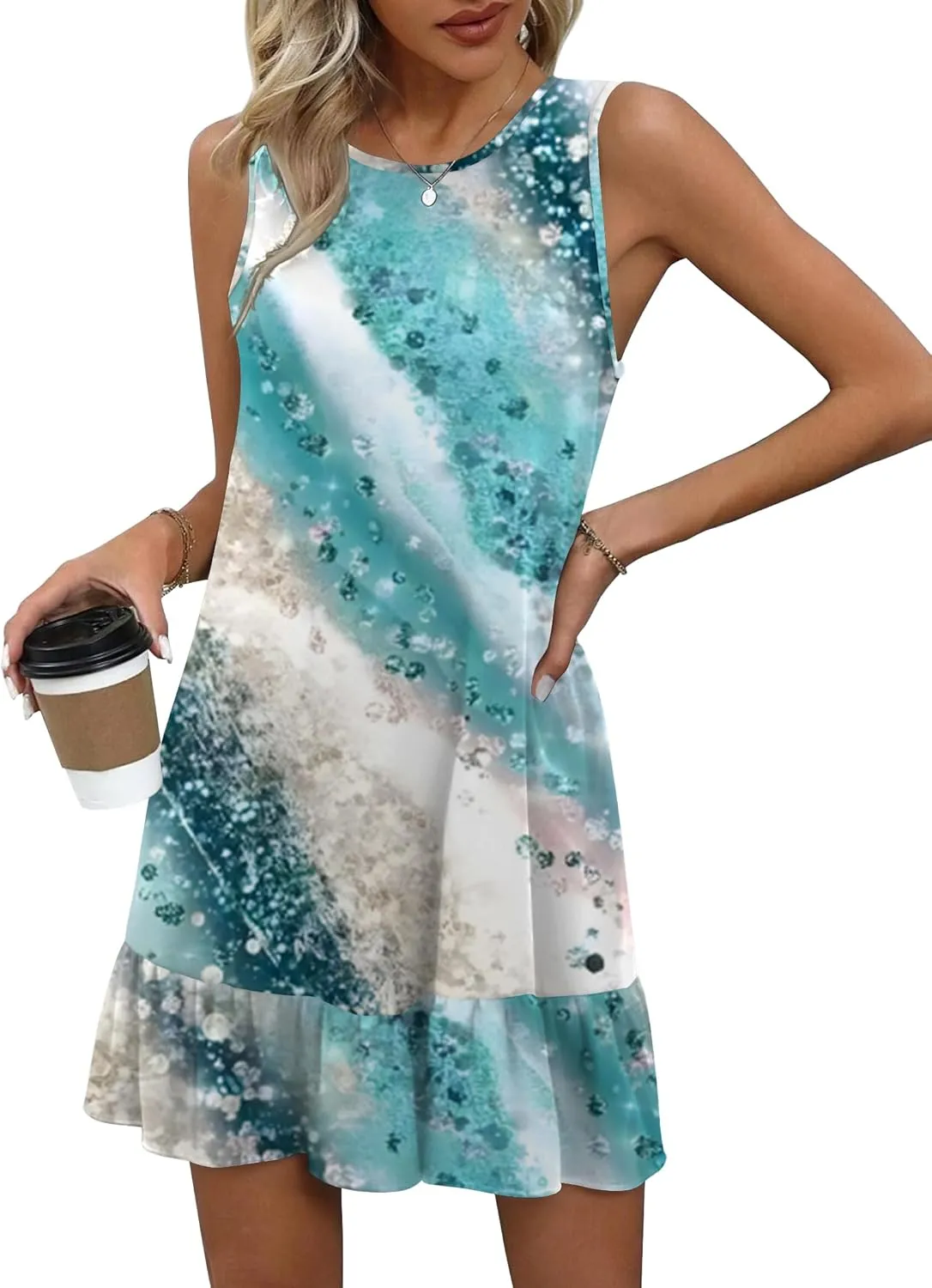 HOTOUCH Women's Summer Dresses Casual Loose Sleeveless Tshirt Sundress Ruffle Hem Tank Dress Beach Dress with Pockets