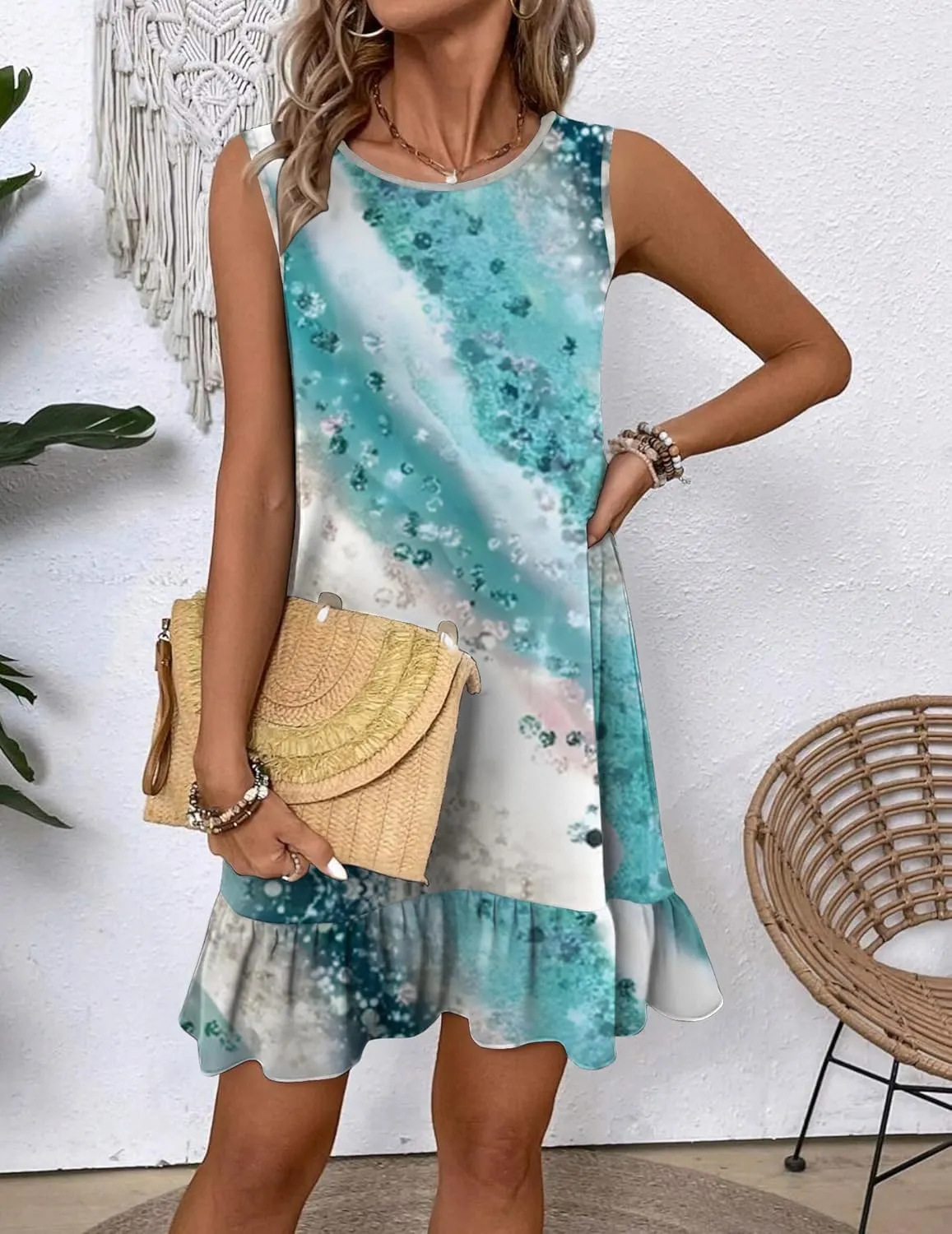 HOTOUCH Women's Summer Dresses Casual Loose Sleeveless Tshirt Sundress Ruffle Hem Tank Dress Beach Dress with Pockets