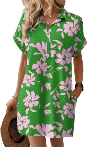 HOTOUCH Womens Summer Shirt Dress Short Sleeve Floral Shift Dress Casual Loose Flowy Beach Sundress with Pockets