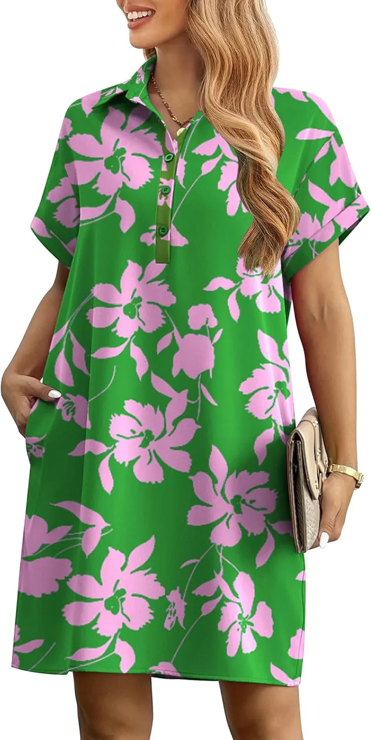 HOTOUCH Womens Summer Shirt Dress Short Sleeve Floral Shift Dress Casual Loose Flowy Beach Sundress with Pockets