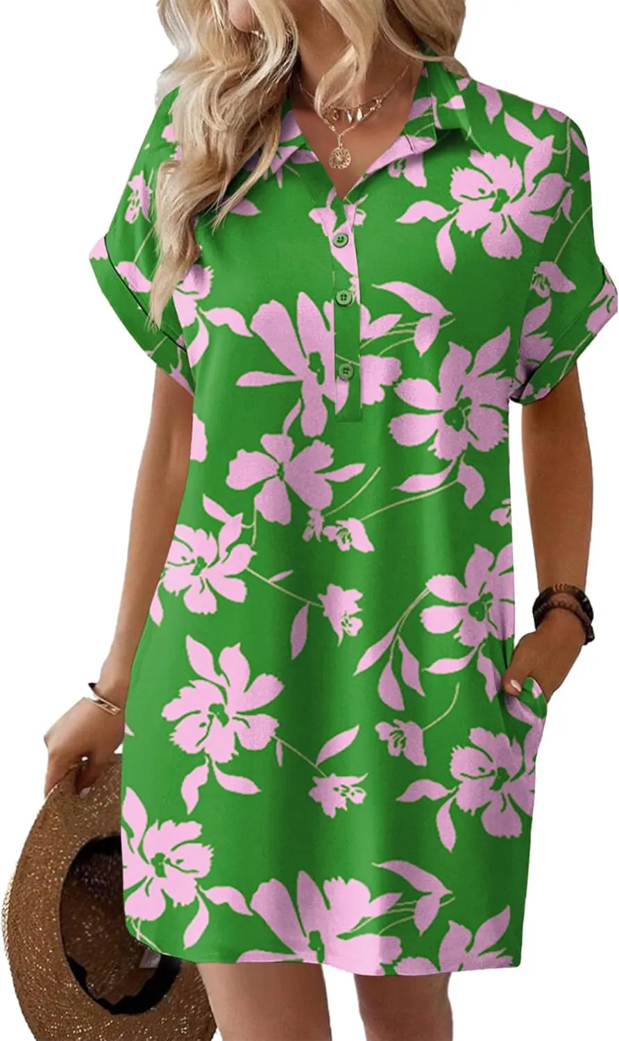 HOTOUCH Womens Summer Shirt Dress Short Sleeve Floral Shift Dress Casual Loose Flowy Beach Sundress with Pockets