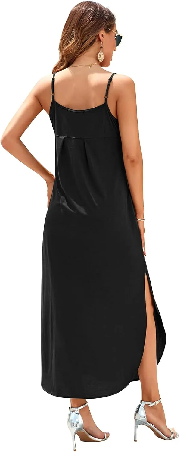 HUSKARY Women's Summer Casual Sleeveless V Neck Strappy Split Loose Dress Beach Cover Up Long Cami Maxi Dresses with Pocket