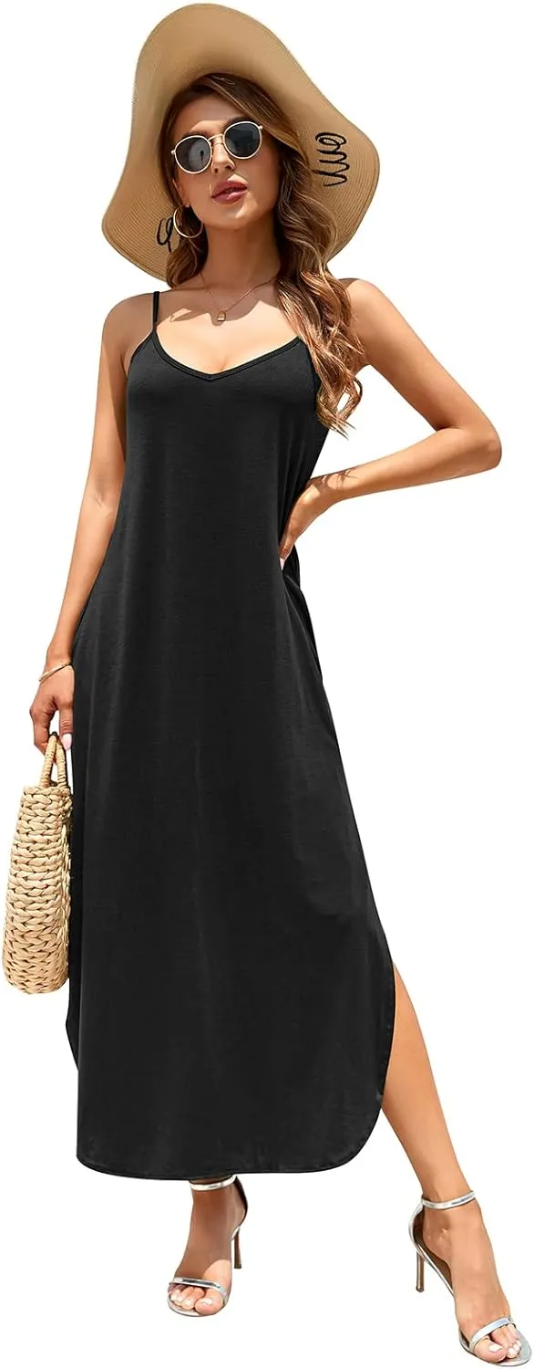 HUSKARY Women's Summer Casual Sleeveless V Neck Strappy Split Loose Dress Beach Cover Up Long Cami Maxi Dresses with Pocket