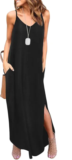 HUSKARY Women's Summer Casual Sleeveless V Neck Strappy Split Loose Dress Beach Cover Up Long Cami Maxi Dresses with Pocket