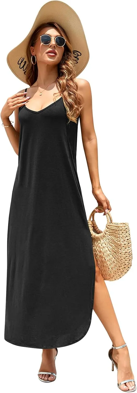 HUSKARY Women's Summer Casual Sleeveless V Neck Strappy Split Loose Dress Beach Cover Up Long Cami Maxi Dresses with Pocket
