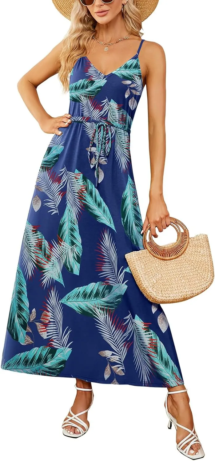 HUSKARY Womens Summer Sleeveless V Neck Spaghetti Strap Pockets Beach Boho Vacation Casual Spring Maxi Dress