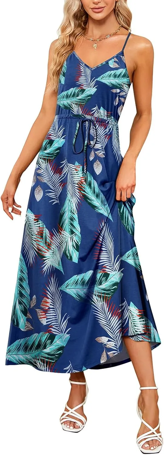 HUSKARY Womens Summer Sleeveless V Neck Spaghetti Strap Pockets Beach Boho Vacation Casual Spring Maxi Dress