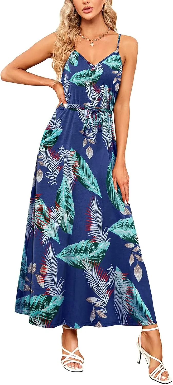 HUSKARY Womens Summer Sleeveless V Neck Spaghetti Strap Pockets Beach Boho Vacation Casual Spring Maxi Dress