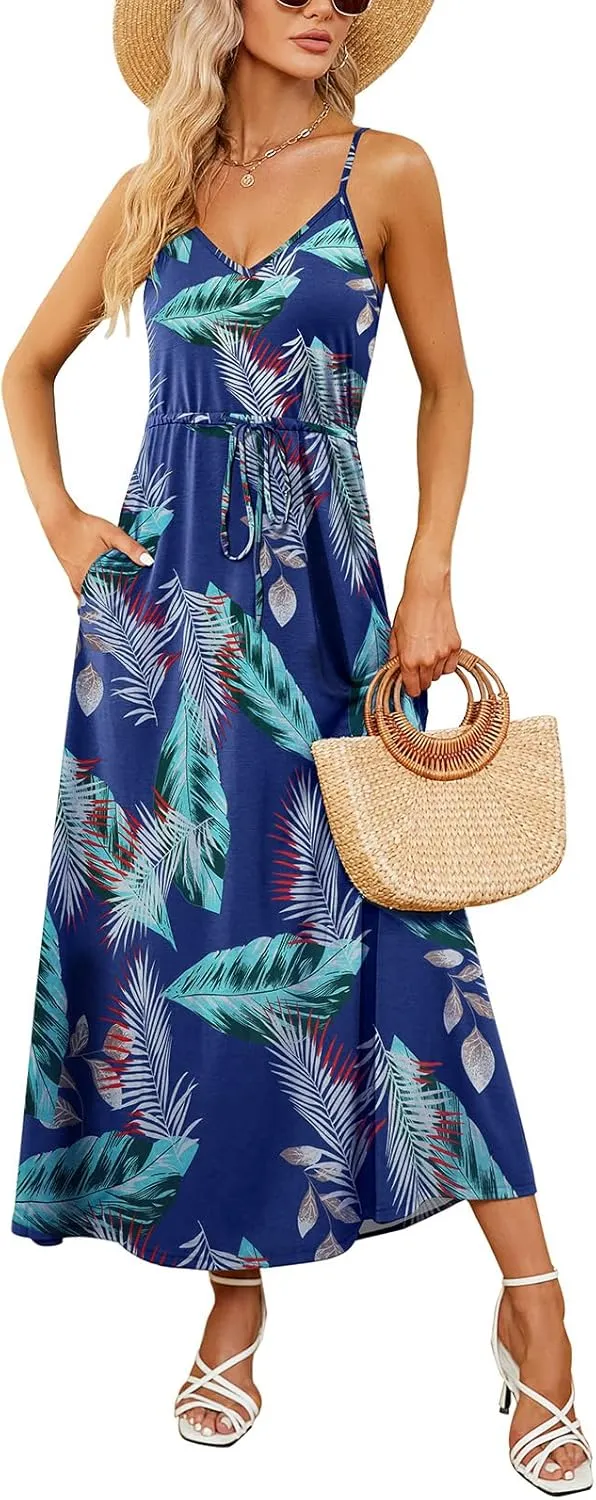 HUSKARY Womens Summer Sleeveless V Neck Spaghetti Strap Pockets Beach Boho Vacation Casual Spring Maxi Dress