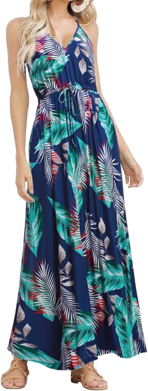 HUSKARY Womens Summer Sleeveless V Neck Spaghetti Strap Pockets Beach Boho Vacation Casual Spring Maxi Dress