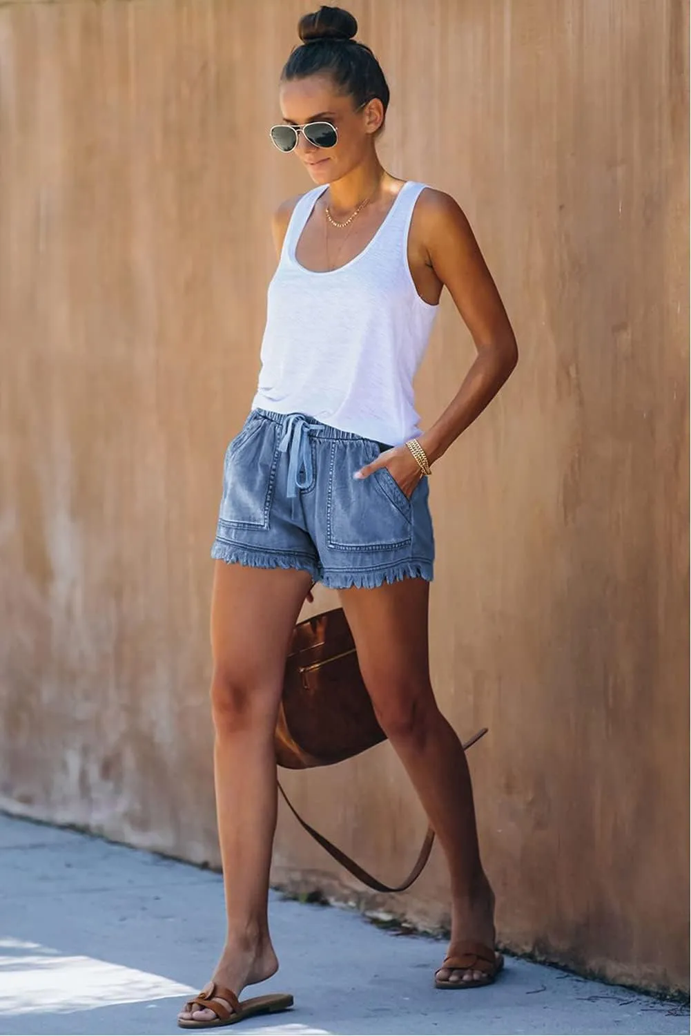 HVEPUO Women Casual Summer Shorts Elastic High Waisted Short Pants with Pockets