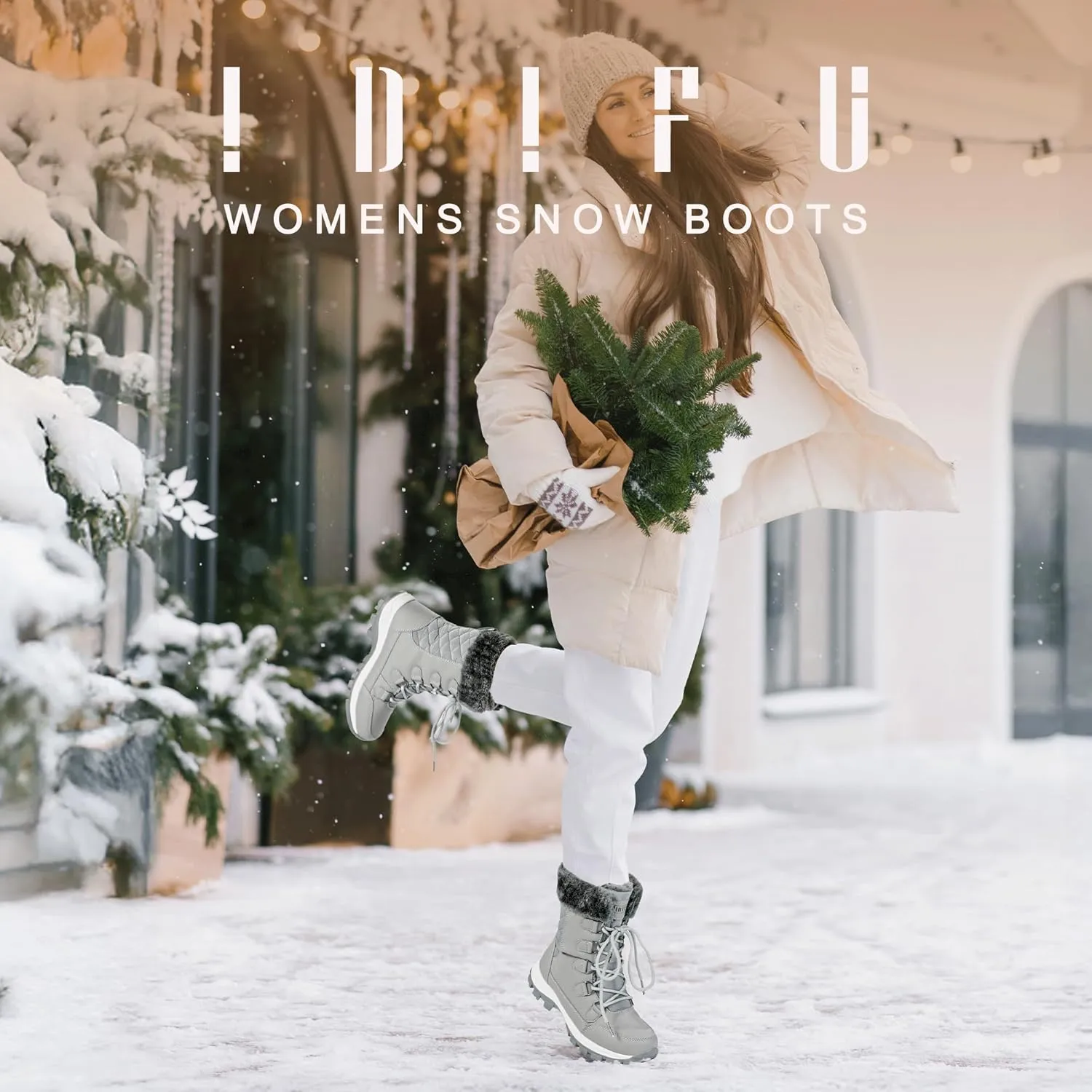 IDIFU IN2 Womens Snow Boots Winter Boots for Women Waterproof Comfortable Warm Insulated Non-Slip Outdoor Boots Fashion Casual Hiking Walking Lightweight Lace Up Faux Fur Lined Mid-Calf Booties