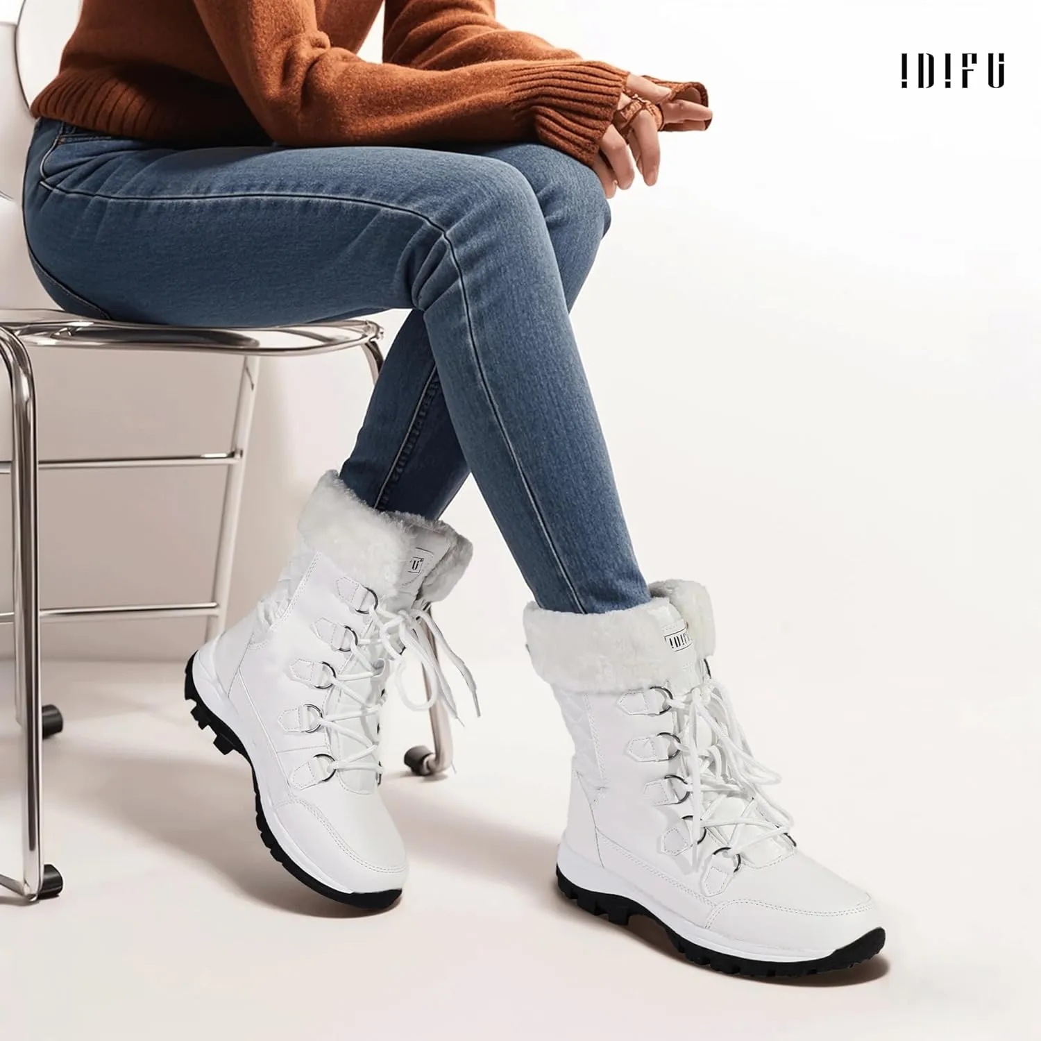 IDIFU IN2 Womens Snow Boots Winter Boots for Women Waterproof Comfortable Warm Insulated Non-Slip Outdoor Boots Fashion Casual Hiking Walking Lightweight Lace Up Faux Fur Lined Mid-Calf Booties
