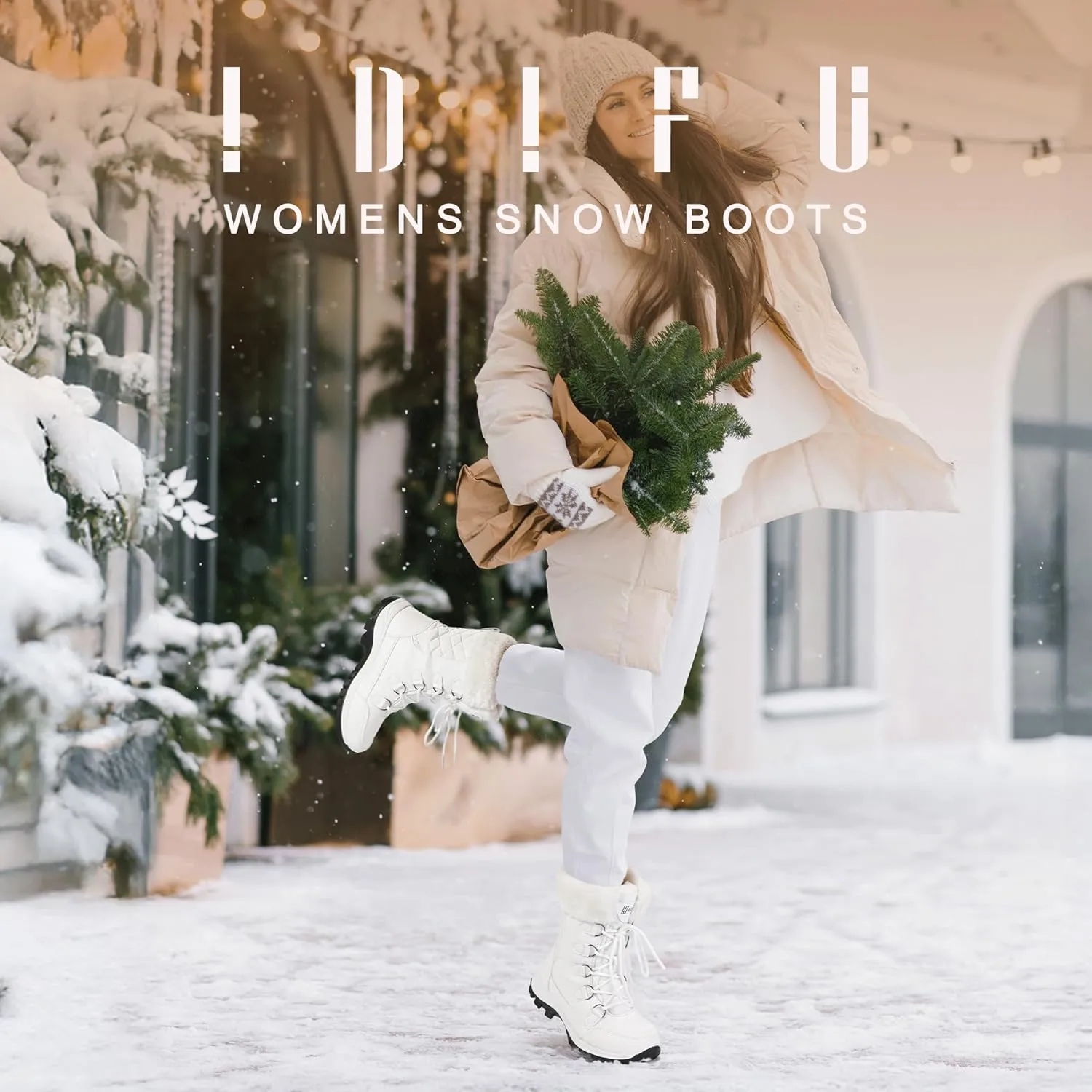 IDIFU IN2 Womens Snow Boots Winter Boots for Women Waterproof Comfortable Warm Insulated Non-Slip Outdoor Boots Fashion Casual Hiking Walking Lightweight Lace Up Faux Fur Lined Mid-Calf Booties