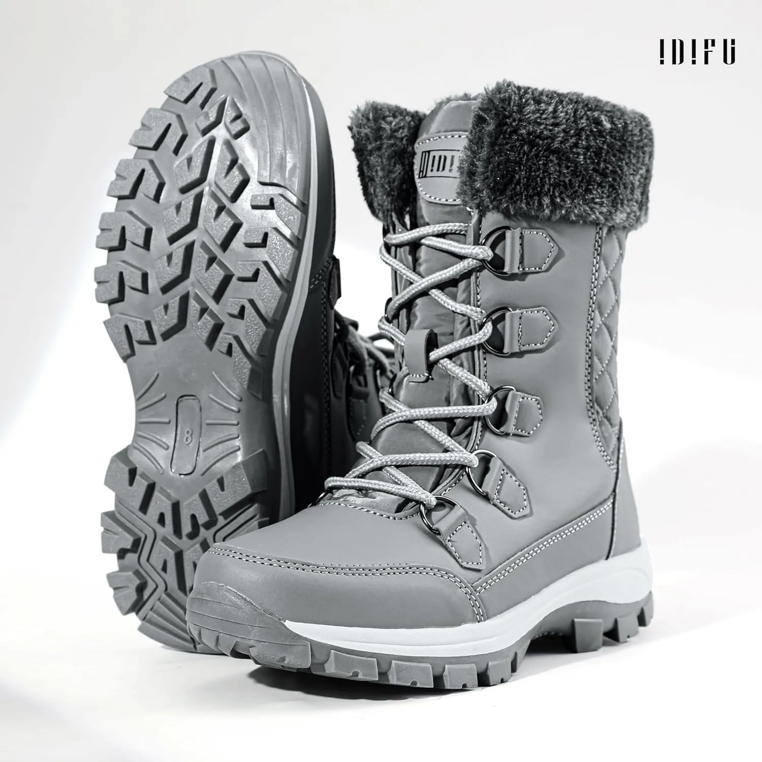 IDIFU IN2 Womens Snow Boots Winter Boots for Women Waterproof Comfortable Warm Insulated Non-Slip Outdoor Boots Fashion Casual Hiking Walking Lightweight Lace Up Faux Fur Lined Mid-Calf Booties