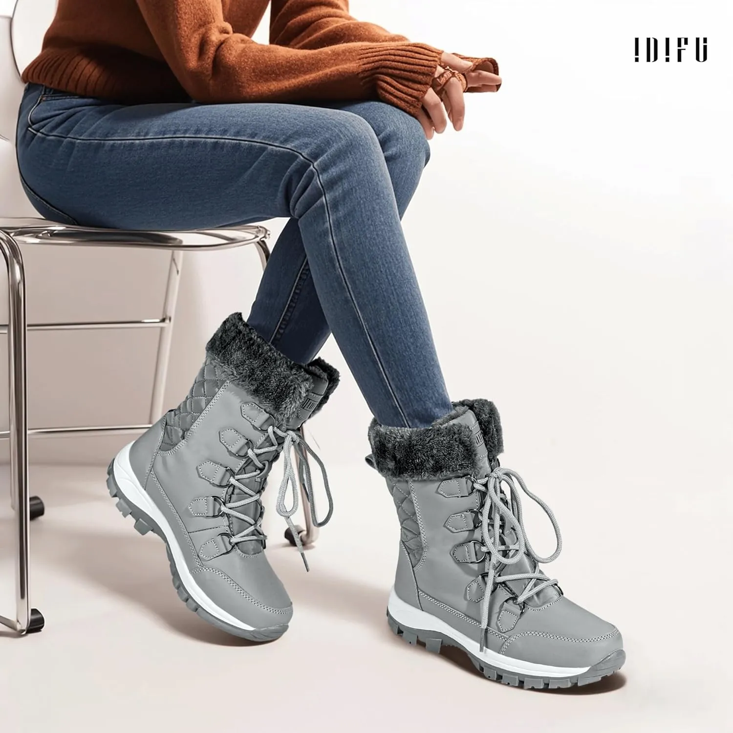 IDIFU IN2 Womens Snow Boots Winter Boots for Women Waterproof Comfortable Warm Insulated Non-Slip Outdoor Boots Fashion Casual Hiking Walking Lightweight Lace Up Faux Fur Lined Mid-Calf Booties