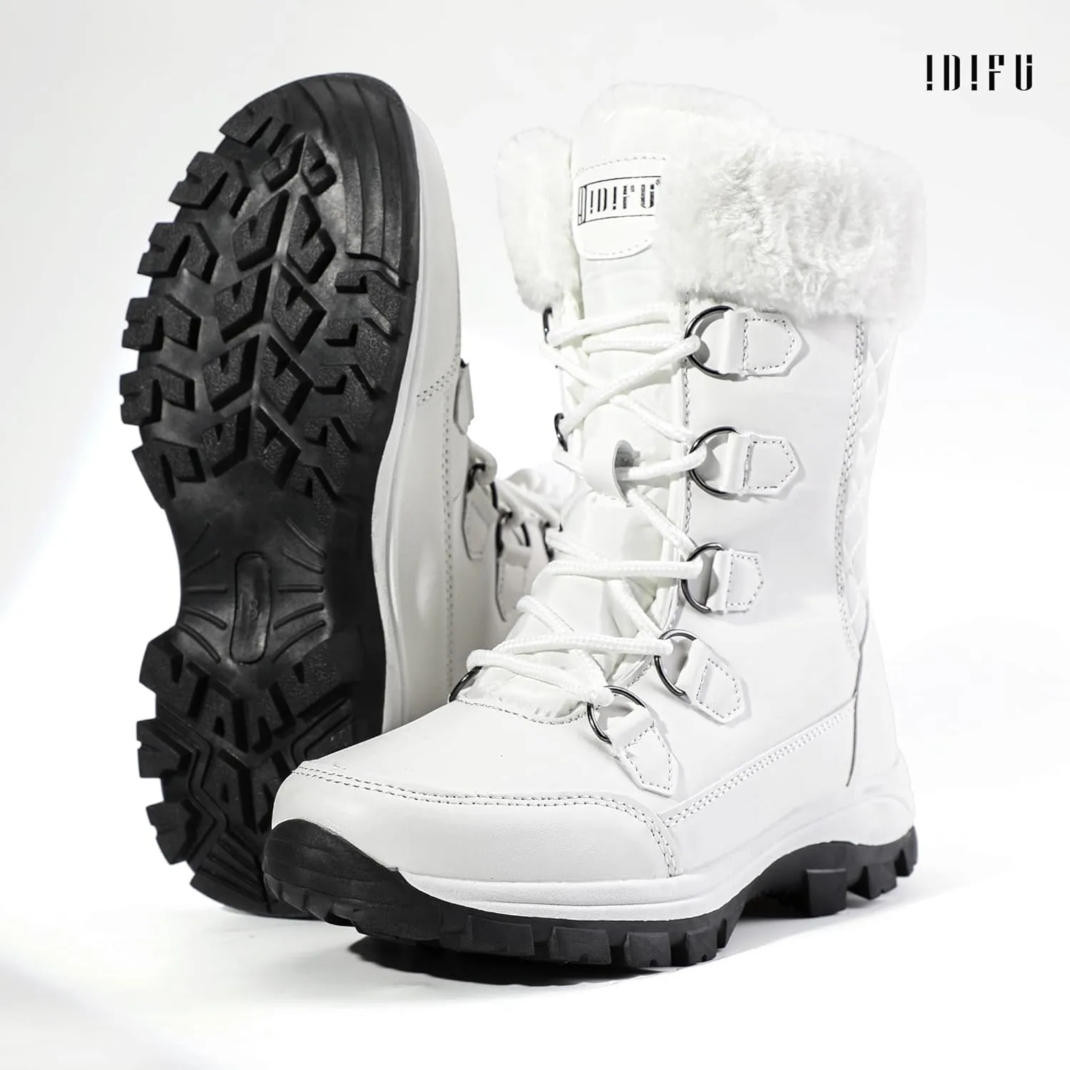 IDIFU IN2 Womens Snow Boots Winter Boots for Women Waterproof Comfortable Warm Insulated Non-Slip Outdoor Boots Fashion Casual Hiking Walking Lightweight Lace Up Faux Fur Lined Mid-Calf Booties