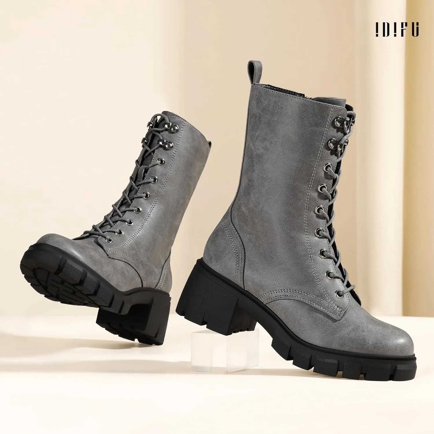 IDIFU IN3 Platform Combat Boots for Women Mid Calf Lace Up Boots Lug Sole Low Chunky Block Heel Boots Closed Round Toe Side Zipper Booties Fashion Thick Fall Heeled Boots-LOOSEN ALL LACES FIRSTLY