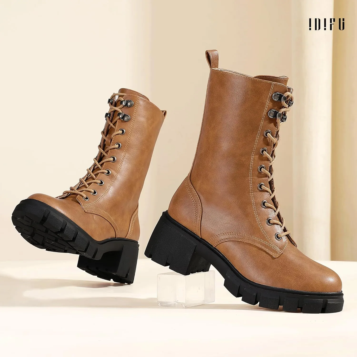 IDIFU IN3 Platform Combat Boots for Women Mid Calf Lace Up Boots Lug Sole Low Chunky Block Heel Boots Closed Round Toe Side Zipper Booties Fashion Thick Fall Heeled Boots-LOOSEN ALL LACES FIRSTLY