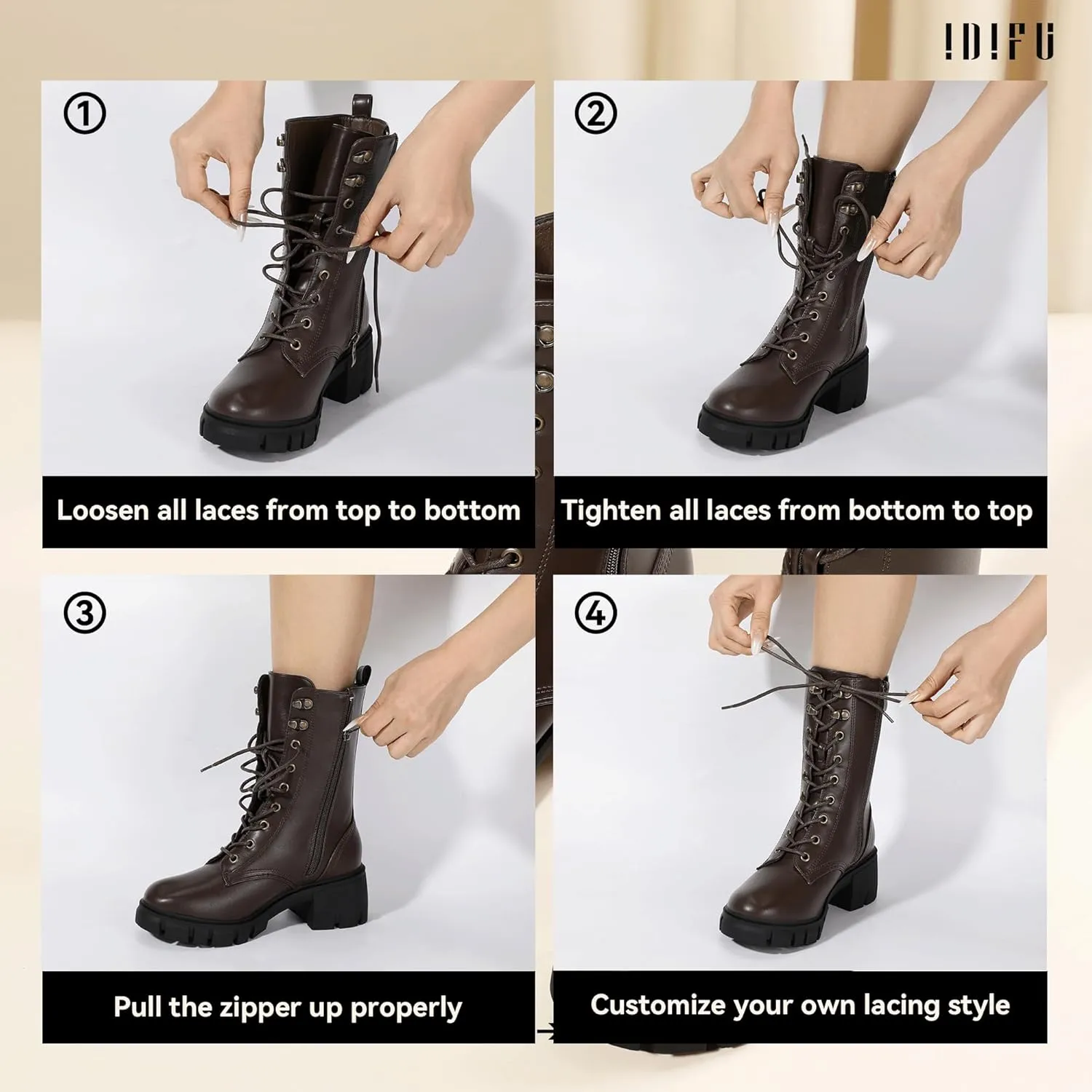 IDIFU IN3 Platform Combat Boots for Women Mid Calf Lace Up Boots Lug Sole Low Chunky Block Heel Boots Closed Round Toe Side Zipper Booties Fashion Thick Fall Heeled Boots-LOOSEN ALL LACES FIRSTLY