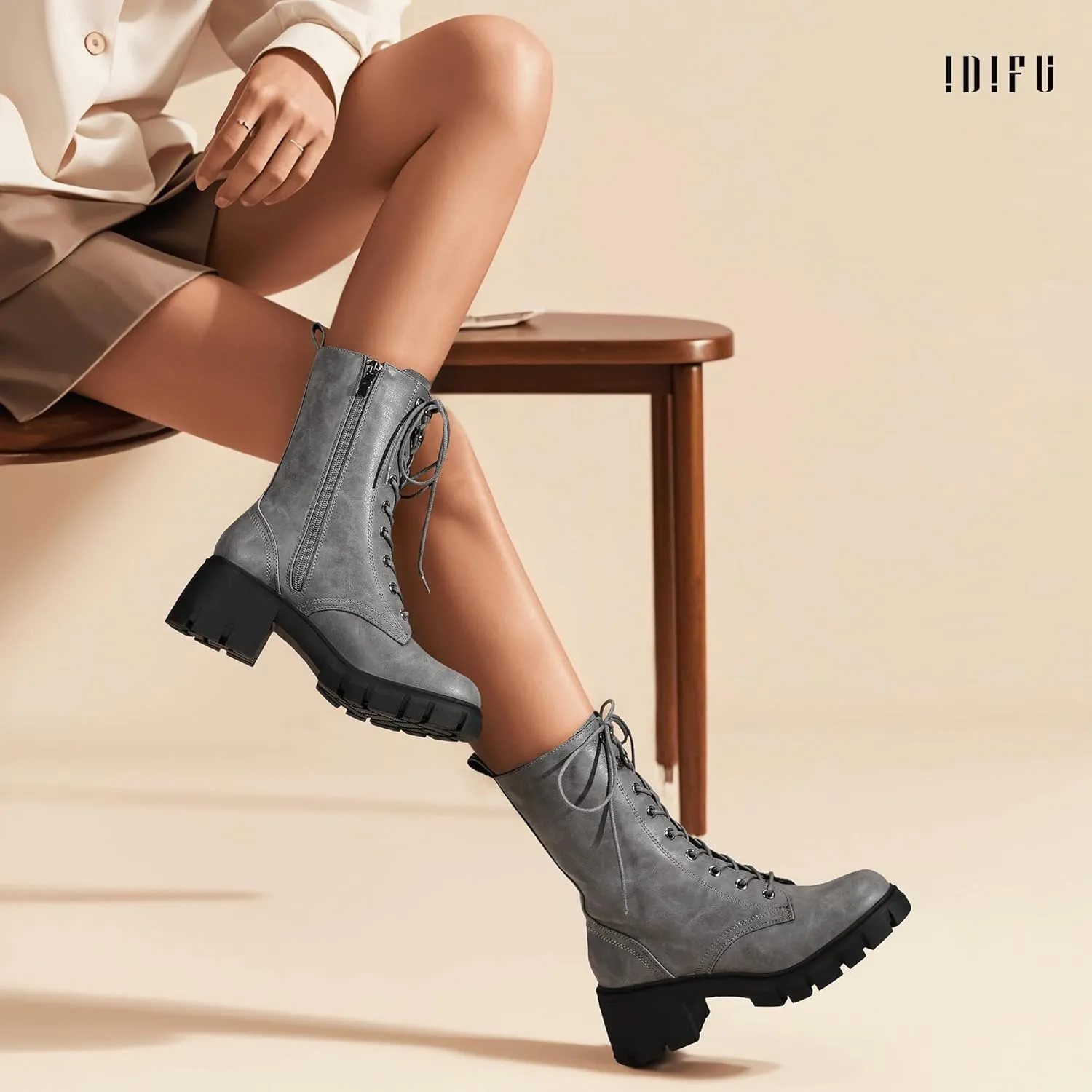 IDIFU IN3 Platform Combat Boots for Women Mid Calf Lace Up Boots Lug Sole Low Chunky Block Heel Boots Closed Round Toe Side Zipper Booties Fashion Thick Fall Heeled Boots-LOOSEN ALL LACES FIRSTLY