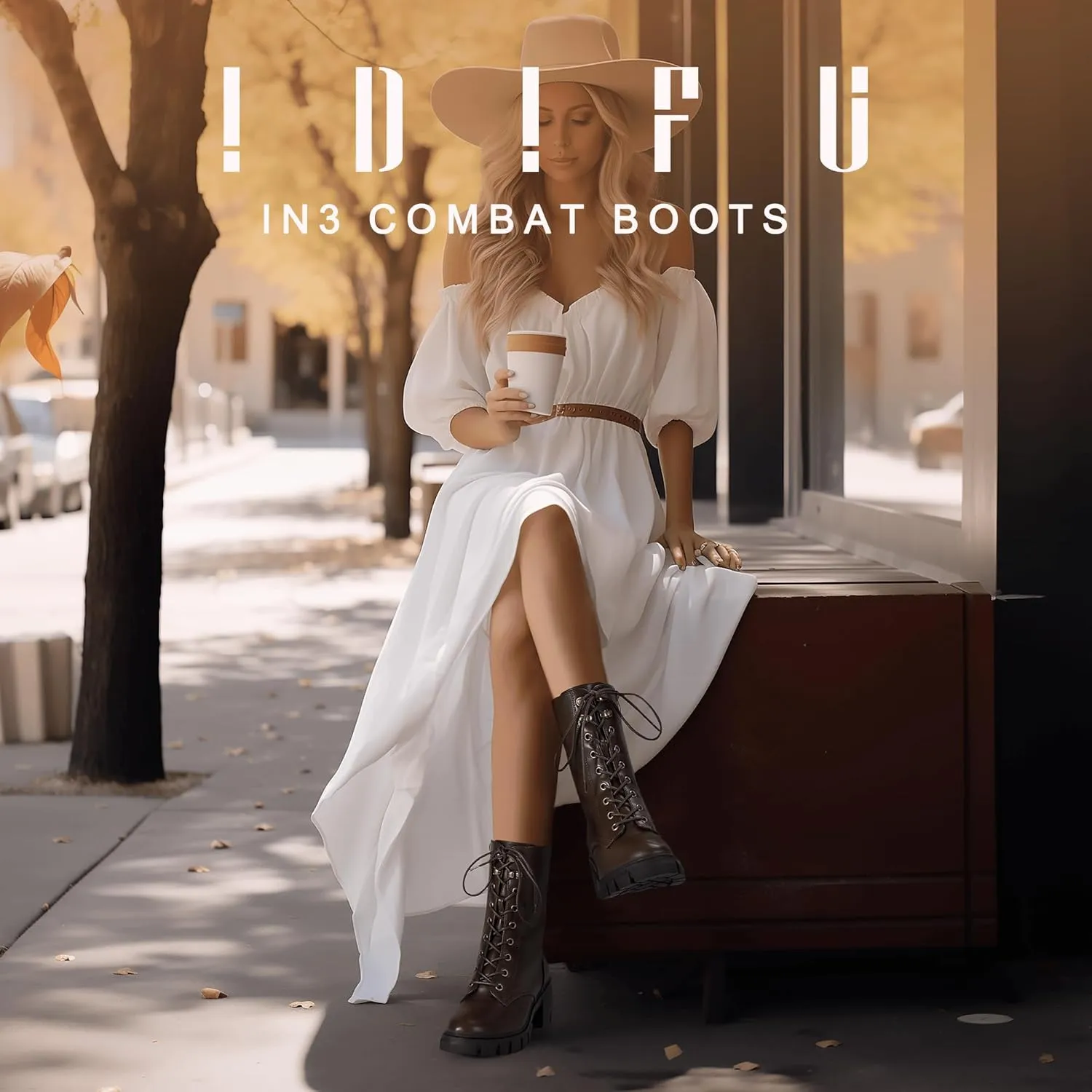IDIFU IN3 Platform Combat Boots for Women Mid Calf Lace Up Boots Lug Sole Low Chunky Block Heel Boots Closed Round Toe Side Zipper Booties Fashion Thick Fall Heeled Boots-LOOSEN ALL LACES FIRSTLY