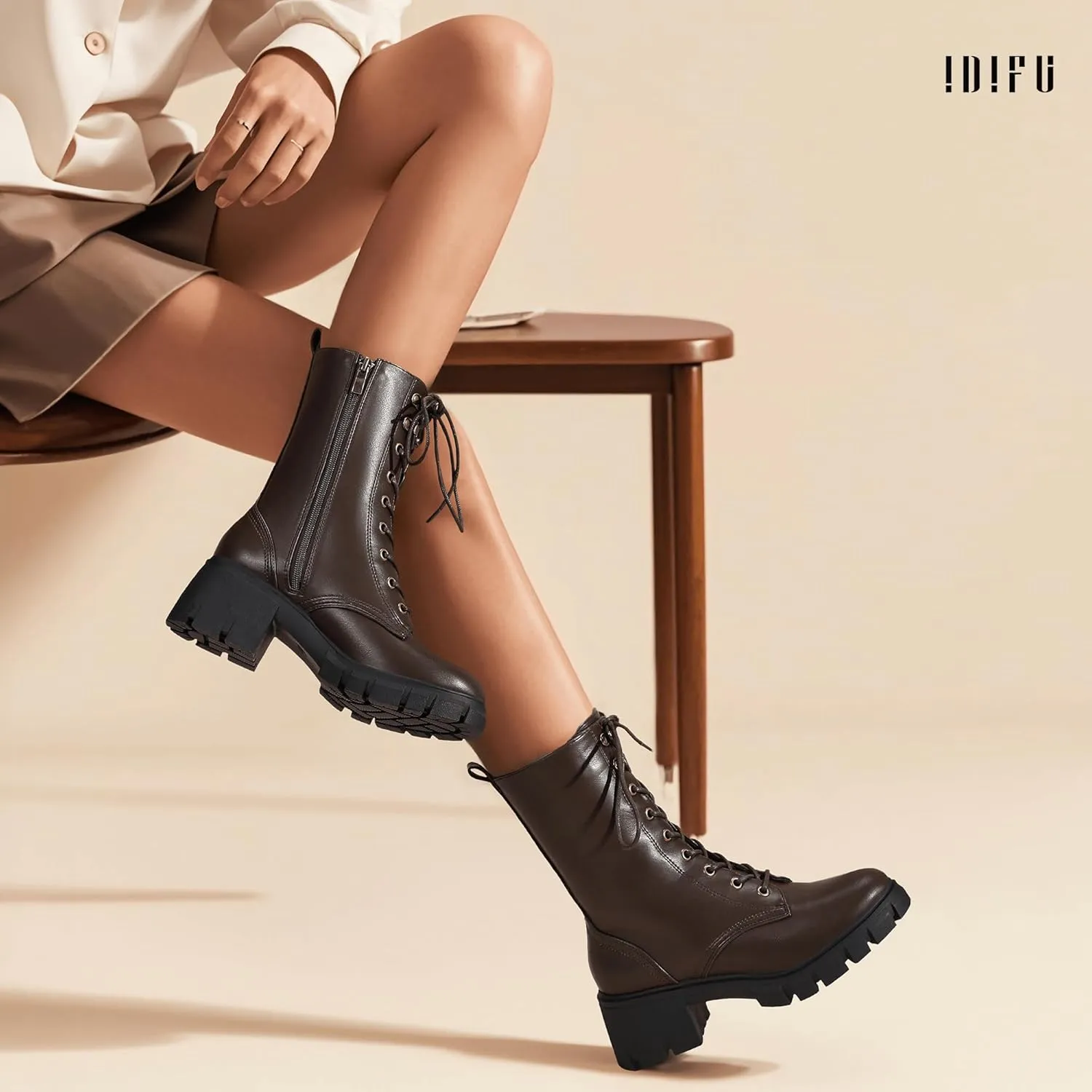 IDIFU IN3 Platform Combat Boots for Women Mid Calf Lace Up Boots Lug Sole Low Chunky Block Heel Boots Closed Round Toe Side Zipper Booties Fashion Thick Fall Heeled Boots-LOOSEN ALL LACES FIRSTLY