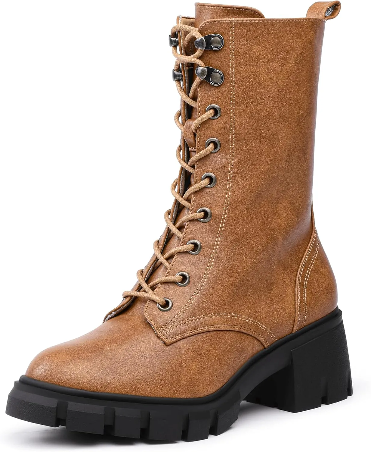 IDIFU IN3 Platform Combat Boots for Women Mid Calf Lace Up Boots Lug Sole Low Chunky Block Heel Boots Closed Round Toe Side Zipper Booties Fashion Thick Fall Heeled Boots-LOOSEN ALL LACES FIRSTLY