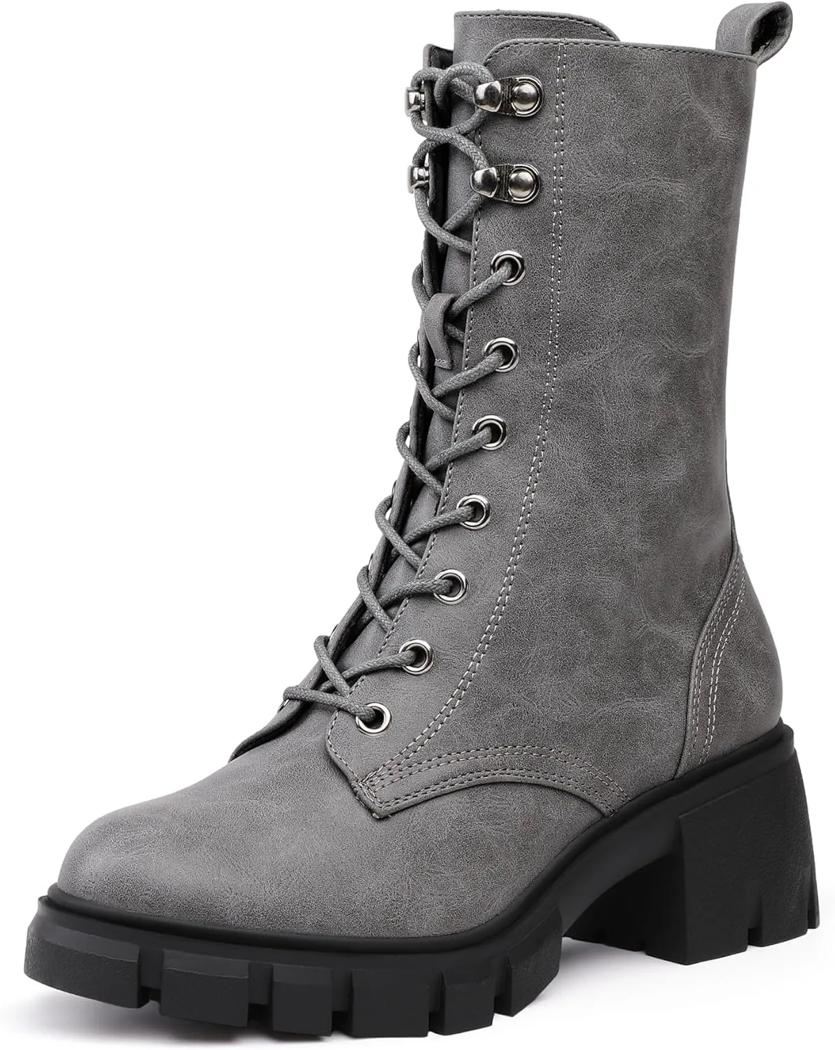 IDIFU IN3 Platform Combat Boots for Women Mid Calf Lace Up Boots Lug Sole Low Chunky Block Heel Boots Closed Round Toe Side Zipper Booties Fashion Thick Fall Heeled Boots-LOOSEN ALL LACES FIRSTLY
