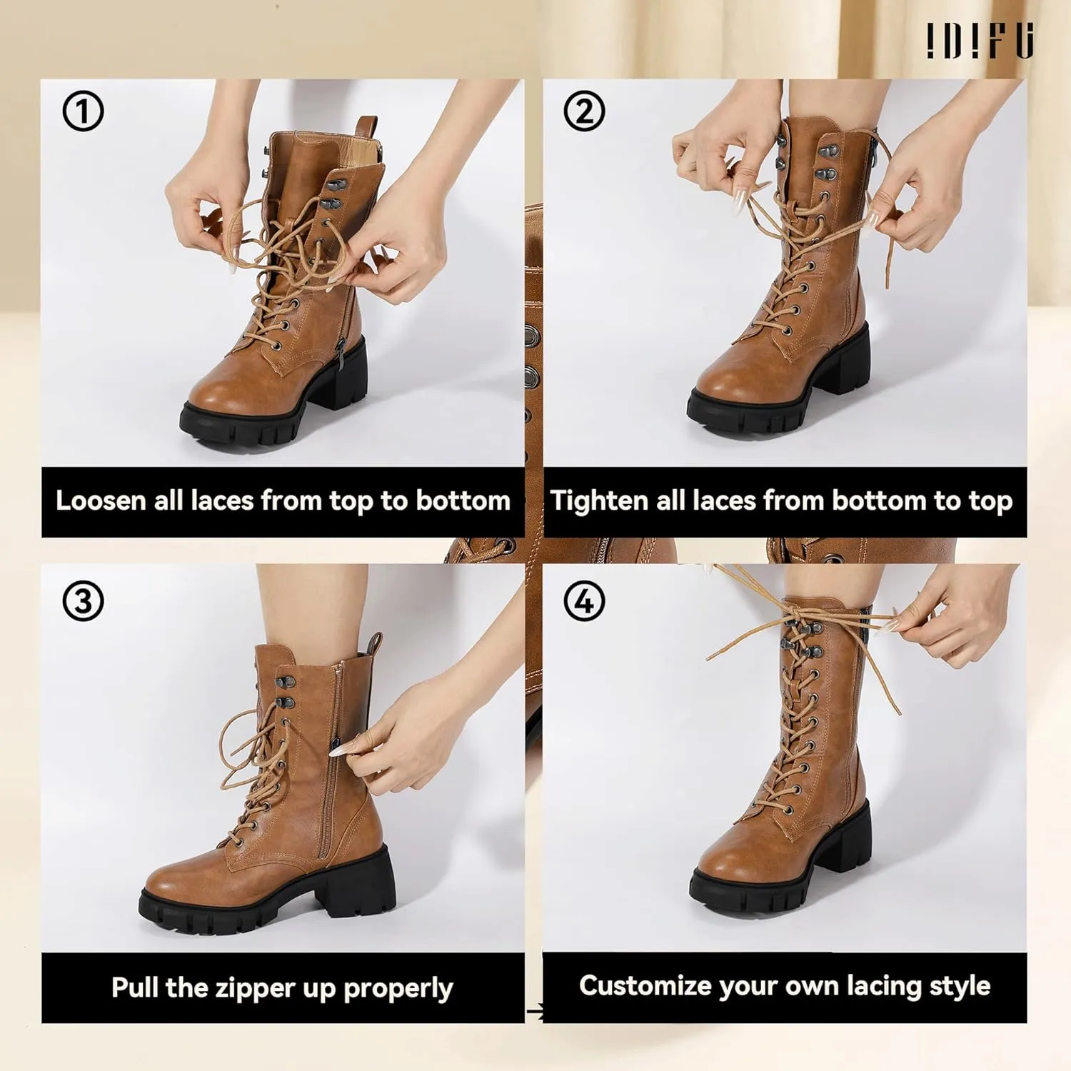 IDIFU IN3 Platform Combat Boots for Women Mid Calf Lace Up Boots Lug Sole Low Chunky Block Heel Boots Closed Round Toe Side Zipper Booties Fashion Thick Fall Heeled Boots-LOOSEN ALL LACES FIRSTLY