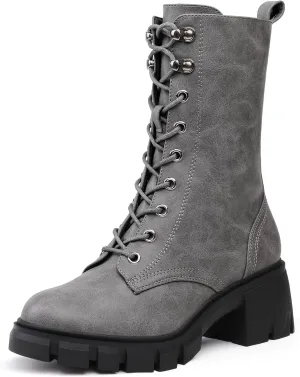 IDIFU IN3 Platform Combat Boots for Women Mid Calf Lace Up Boots Lug Sole Low Chunky Block Heel Boots Closed Round Toe Side Zipper Booties Fashion Thick Fall Heeled Boots-LOOSEN ALL LACES FIRSTLY