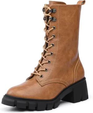 IDIFU IN3 Platform Combat Boots for Women Mid Calf Lace Up Boots Lug Sole Low Chunky Block Heel Boots Closed Round Toe Side Zipper Booties Fashion Thick Fall Heeled Boots-LOOSEN ALL LACES FIRSTLY