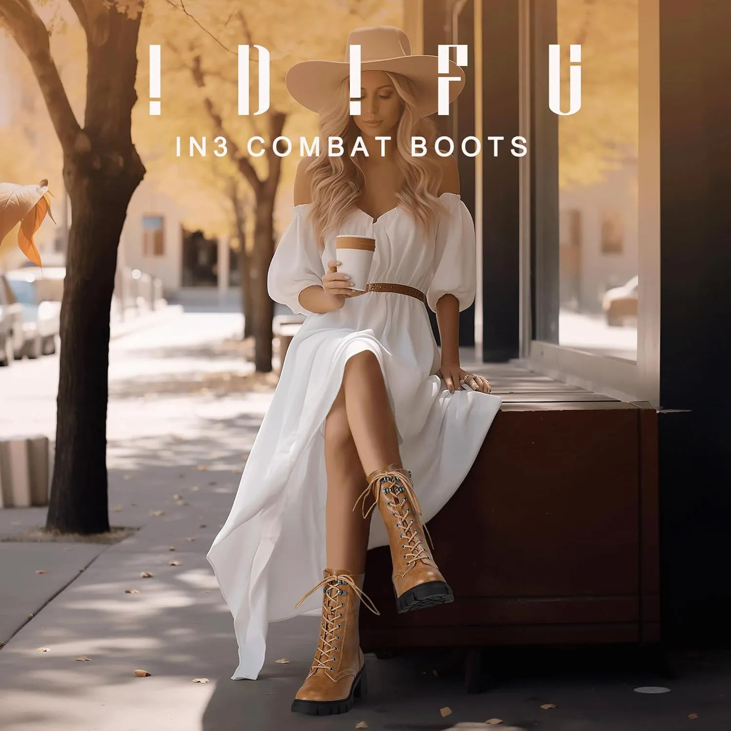 IDIFU IN3 Platform Combat Boots for Women Mid Calf Lace Up Boots Lug Sole Low Chunky Block Heel Boots Closed Round Toe Side Zipper Booties Fashion Thick Fall Heeled Boots-LOOSEN ALL LACES FIRSTLY