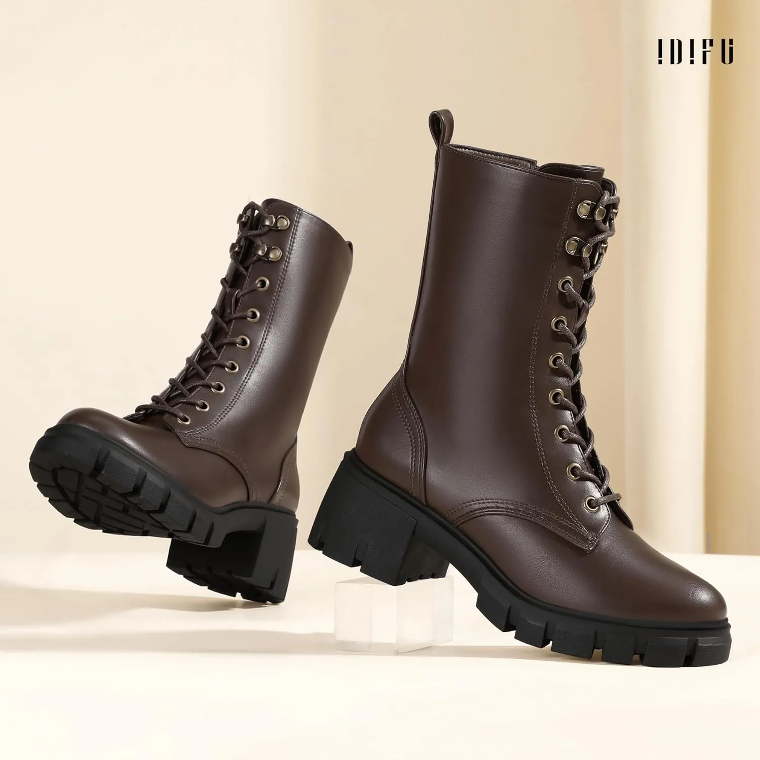 IDIFU IN3 Platform Combat Boots for Women Mid Calf Lace Up Boots Lug Sole Low Chunky Block Heel Boots Closed Round Toe Side Zipper Booties Fashion Thick Fall Heeled Boots-LOOSEN ALL LACES FIRSTLY