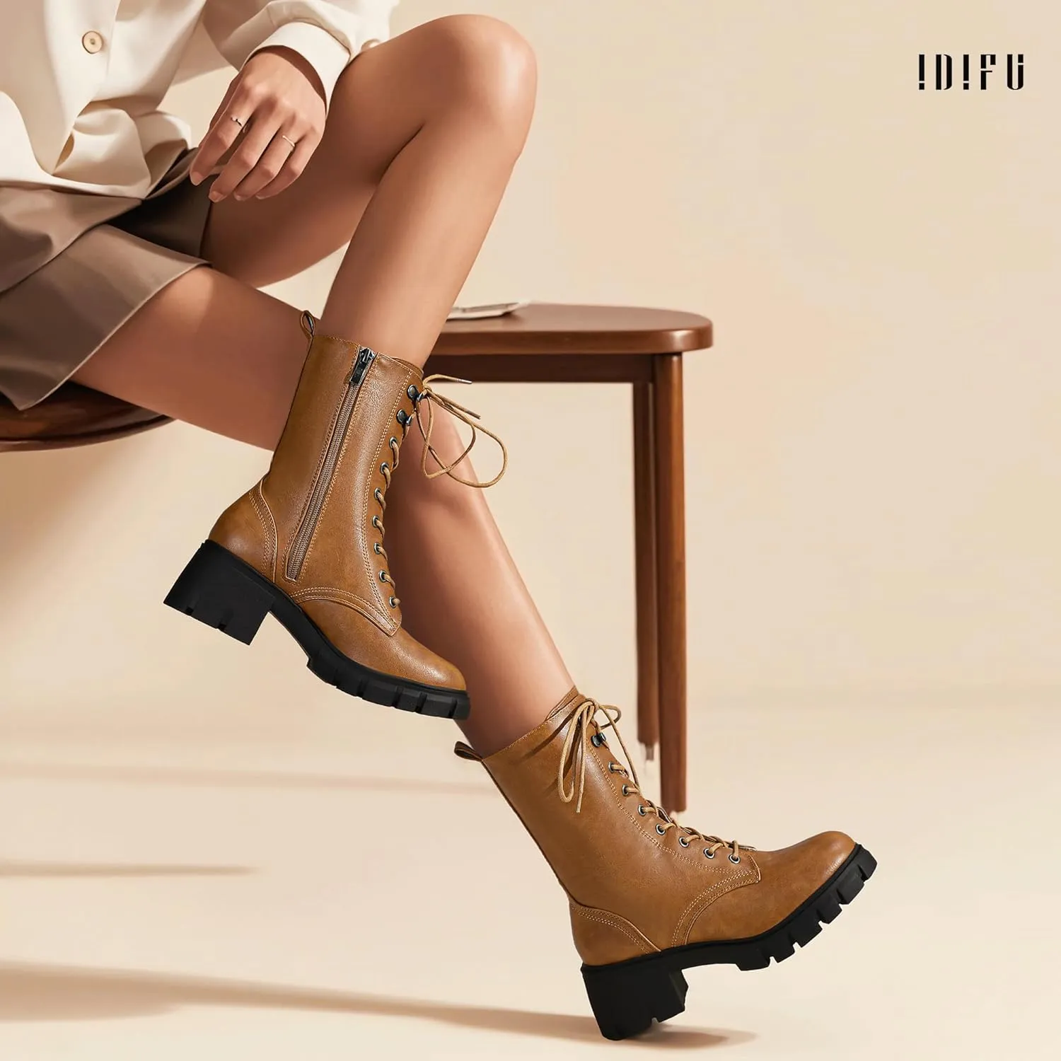 IDIFU IN3 Platform Combat Boots for Women Mid Calf Lace Up Boots Lug Sole Low Chunky Block Heel Boots Closed Round Toe Side Zipper Booties Fashion Thick Fall Heeled Boots-LOOSEN ALL LACES FIRSTLY